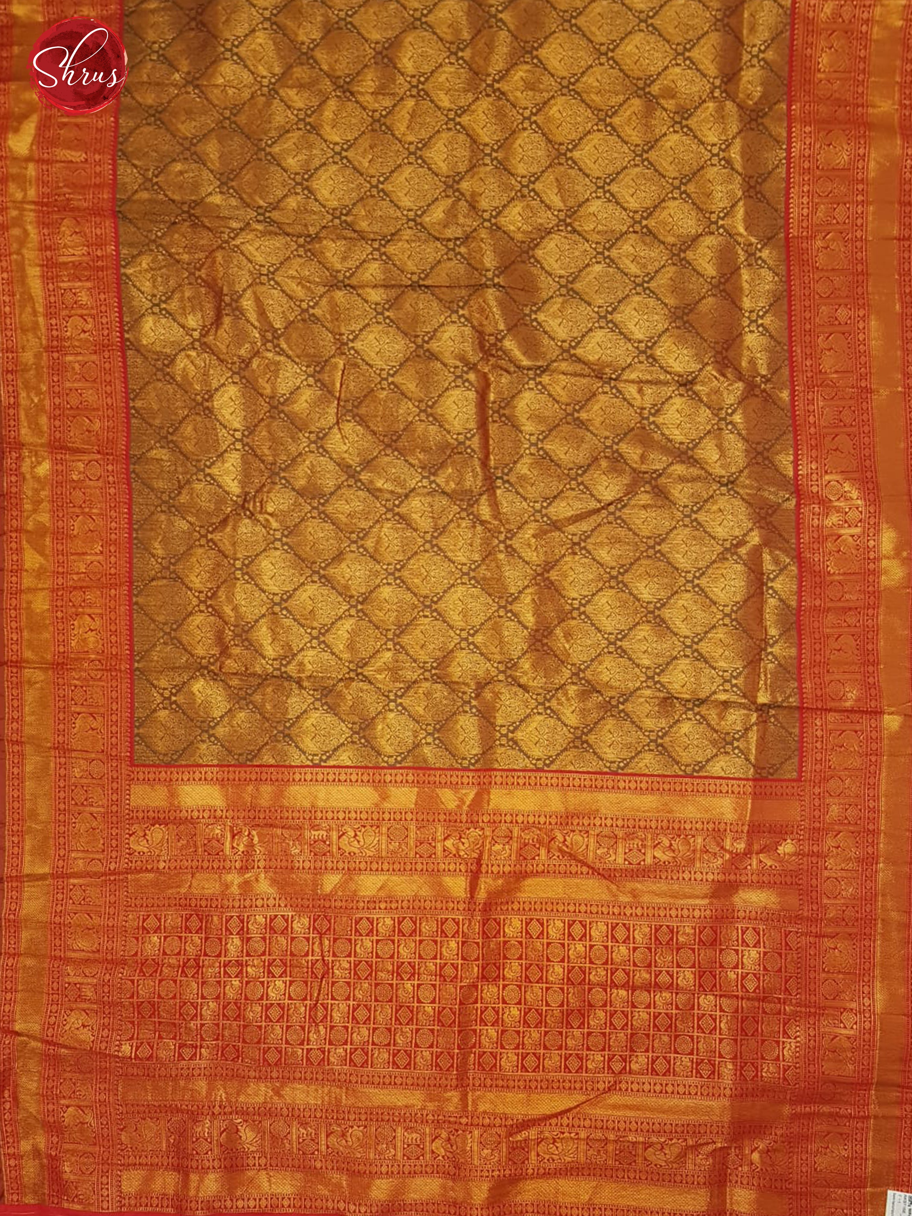 Greenish Brown & Red - Semi Kanchipuram Silk with Zari woven brocade on the body & Zari Border - Shop on ShrusEternity.com