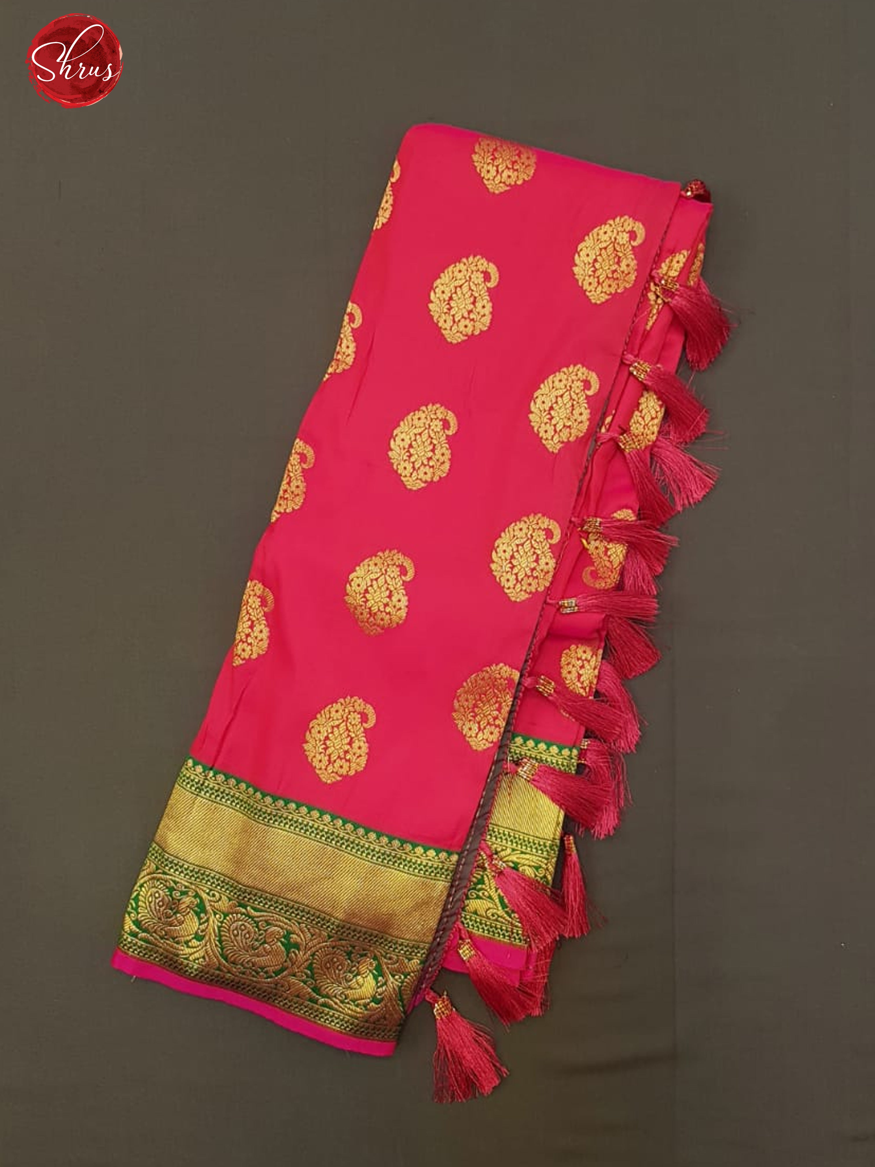 Rani Pink & Green - Semi Kanchipuram with Zari woven paisleys motifs on the body & Zari Border - Shop on ShrusEternity.com