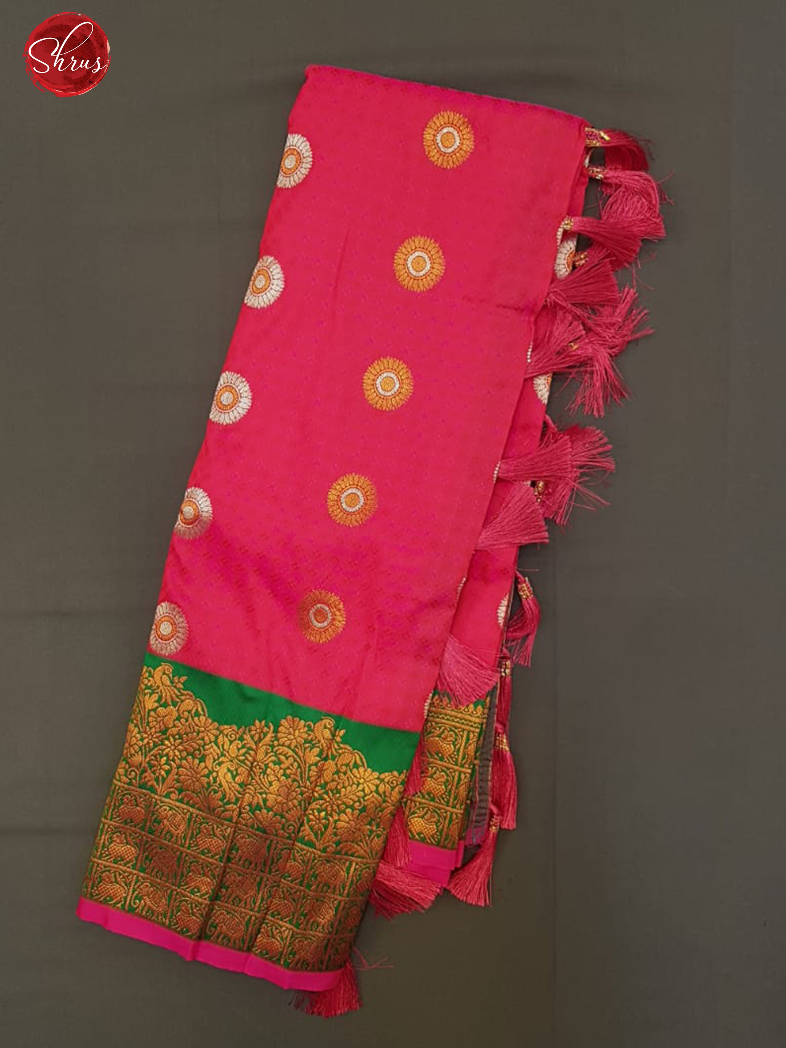 Reddish Pink & Green- Semi Kanchipuram with gold, silver Zari woven floral buttas on the body & Zari Border - Shop on ShrusEternity.com