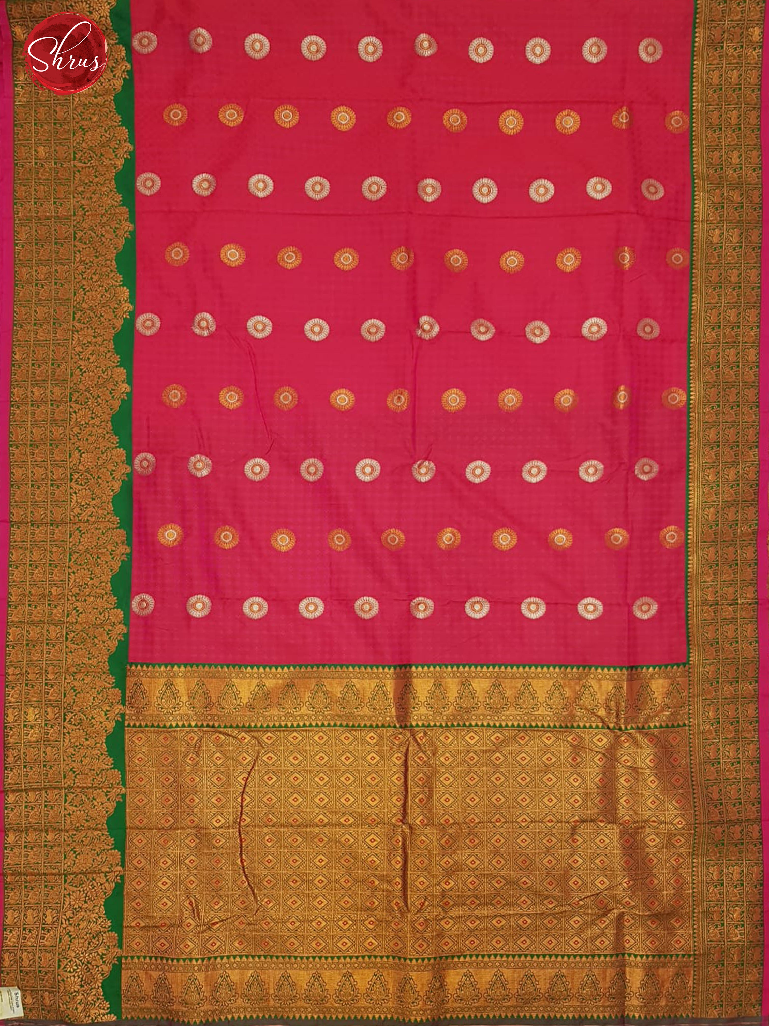 Reddish Pink & Green- Semi Kanchipuram with gold, silver Zari woven floral buttas on the body & Zari Border - Shop on ShrusEternity.com