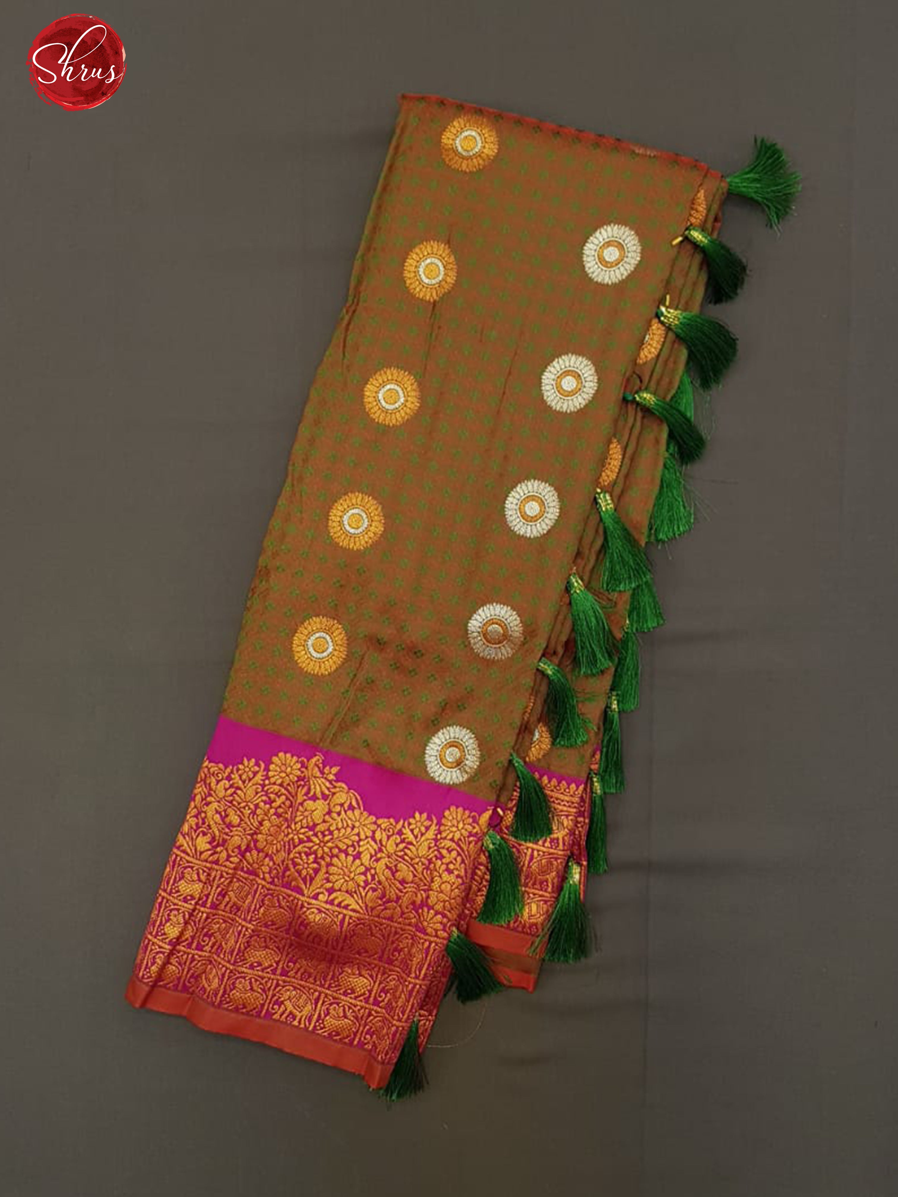 Olive Green & Majenta -emi Kanchipuram with gold, silver Zari woven floral buttas on the body & Zari Border - Shop on ShrusEternity.com