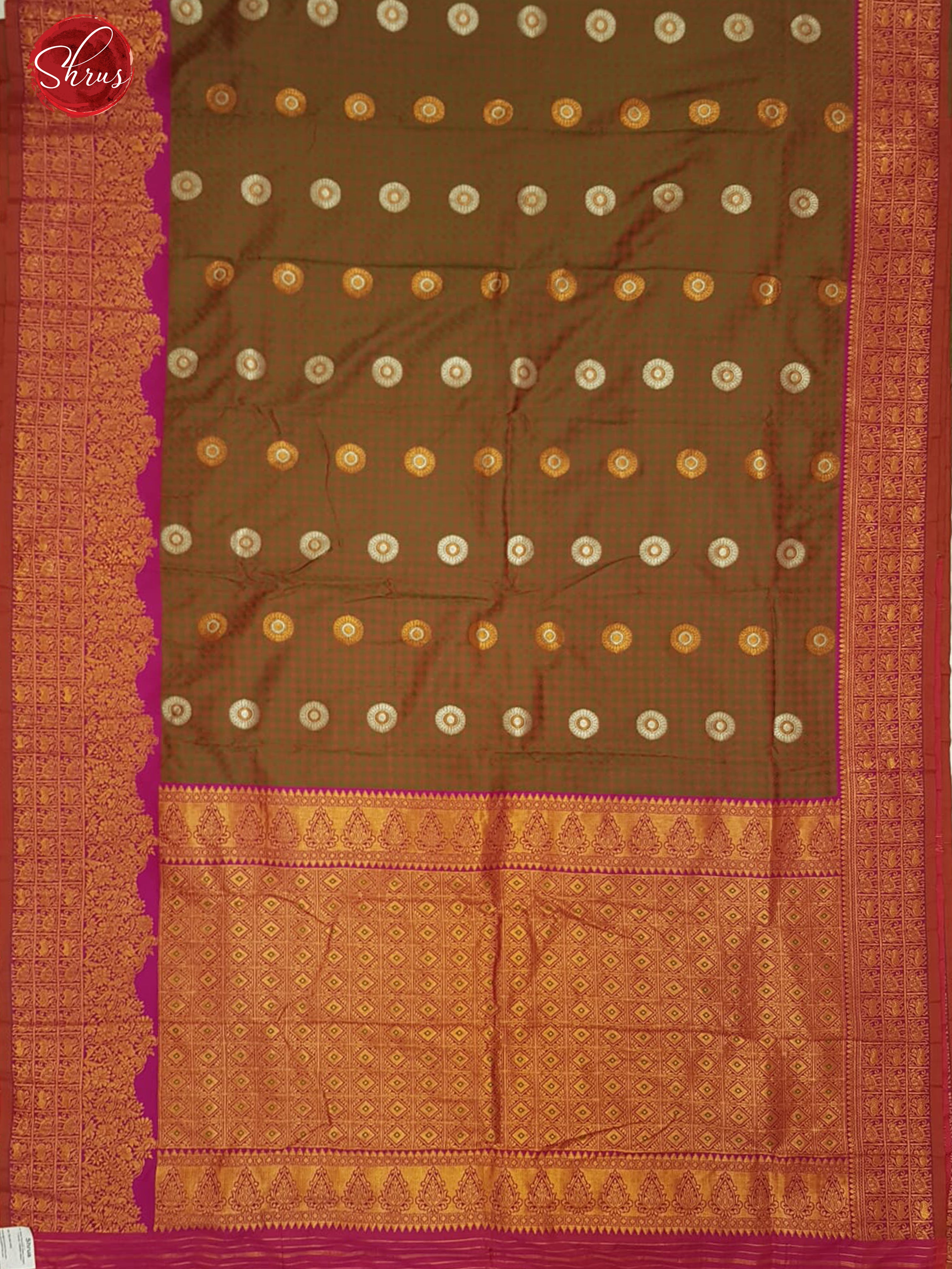 Olive Green & Majenta -emi Kanchipuram with gold, silver Zari woven floral buttas on the body & Zari Border - Shop on ShrusEternity.com