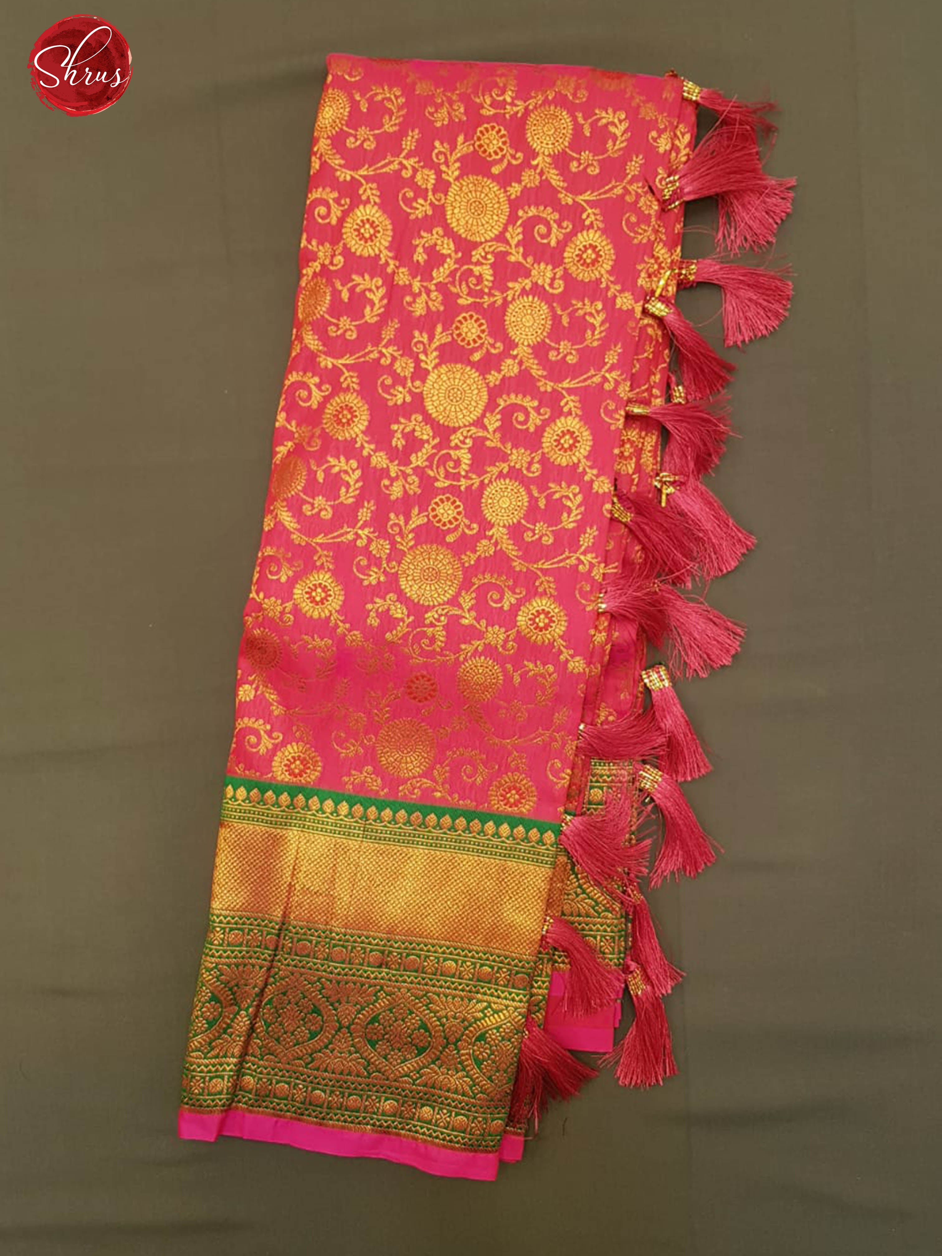 Pink & Green -Semi Kanchipuram with Zari woven flroral nestling brocade on the body & Contrast Zari Border - Shop on ShrusEternity.com