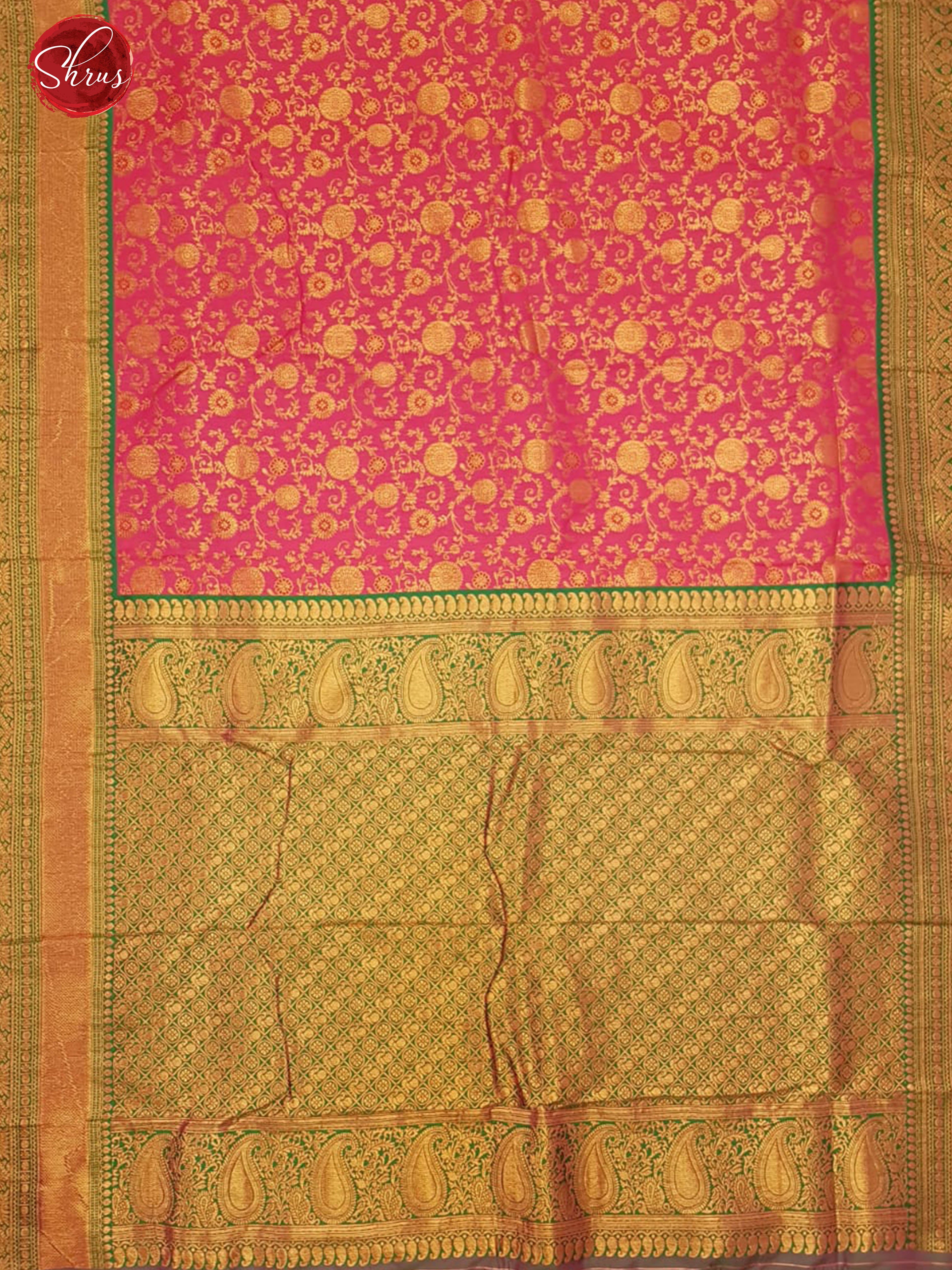 Pink & Green -Semi Kanchipuram with Zari woven flroral nestling brocade on the body & Contrast Zari Border - Shop on ShrusEternity.com
