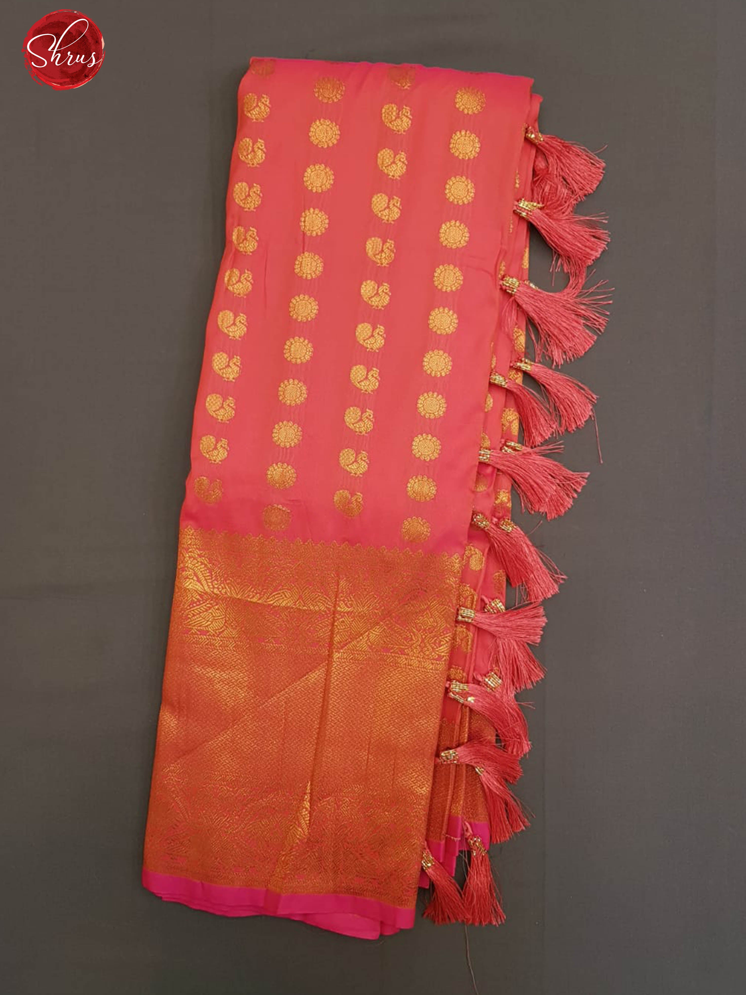 Peach(Single tone)- Semi Kanchipuram with Zari woven floral , peacock buttas on the body & Zari Border - Shop on ShrusEternity.com