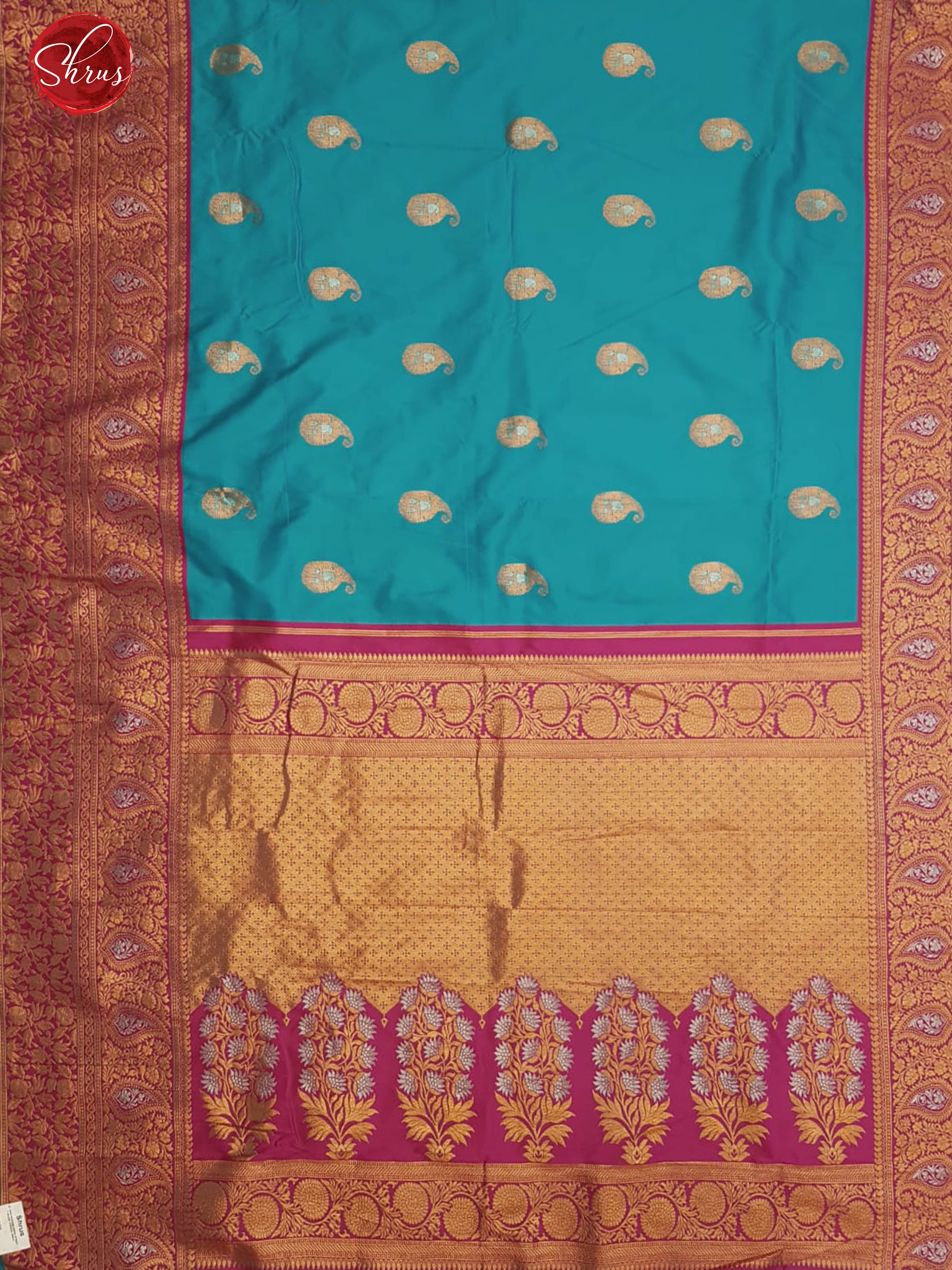 Blue & Pink - Semi Kanchipuram with Zari woven manga buttas on the body & Contrast Zari Border - Shop on ShrusEternity.com