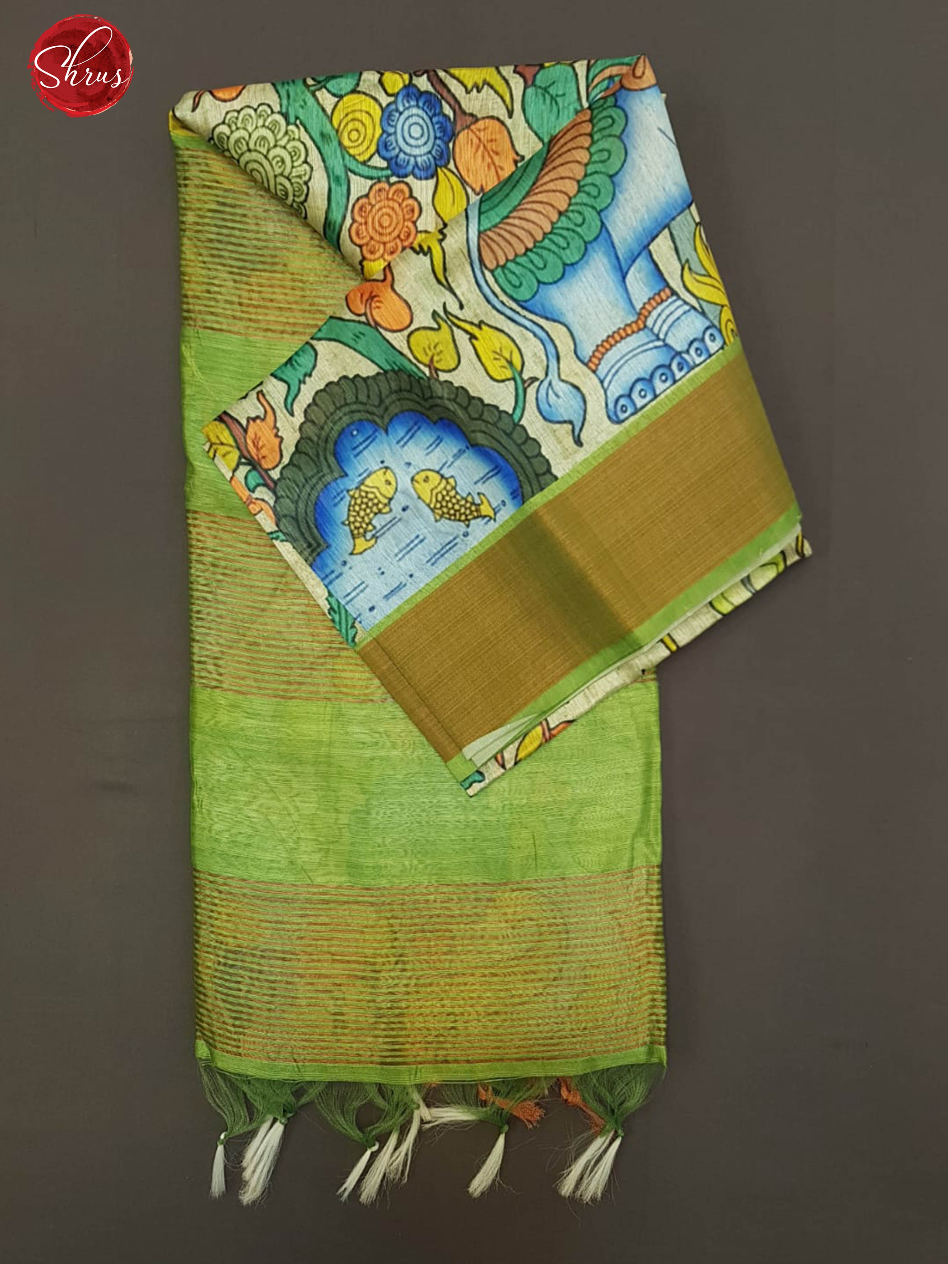 Cream & Green - Semi Jute with kalamkari floral Printed Body & contrast Border - Shop on ShrusEternity.com