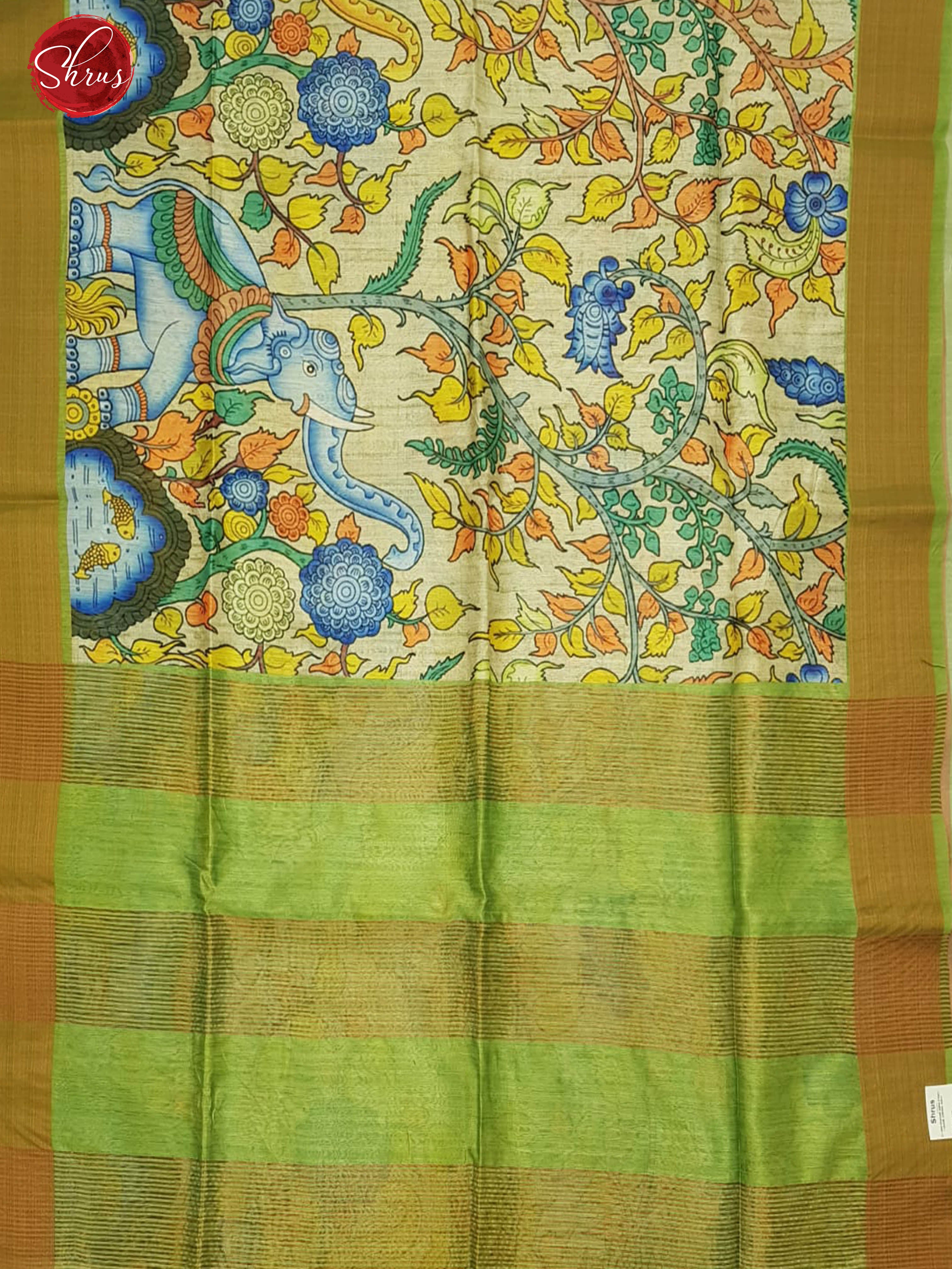 Cream & Green - Semi Jute with kalamkari floral Printed Body & contrast Border - Shop on ShrusEternity.com
