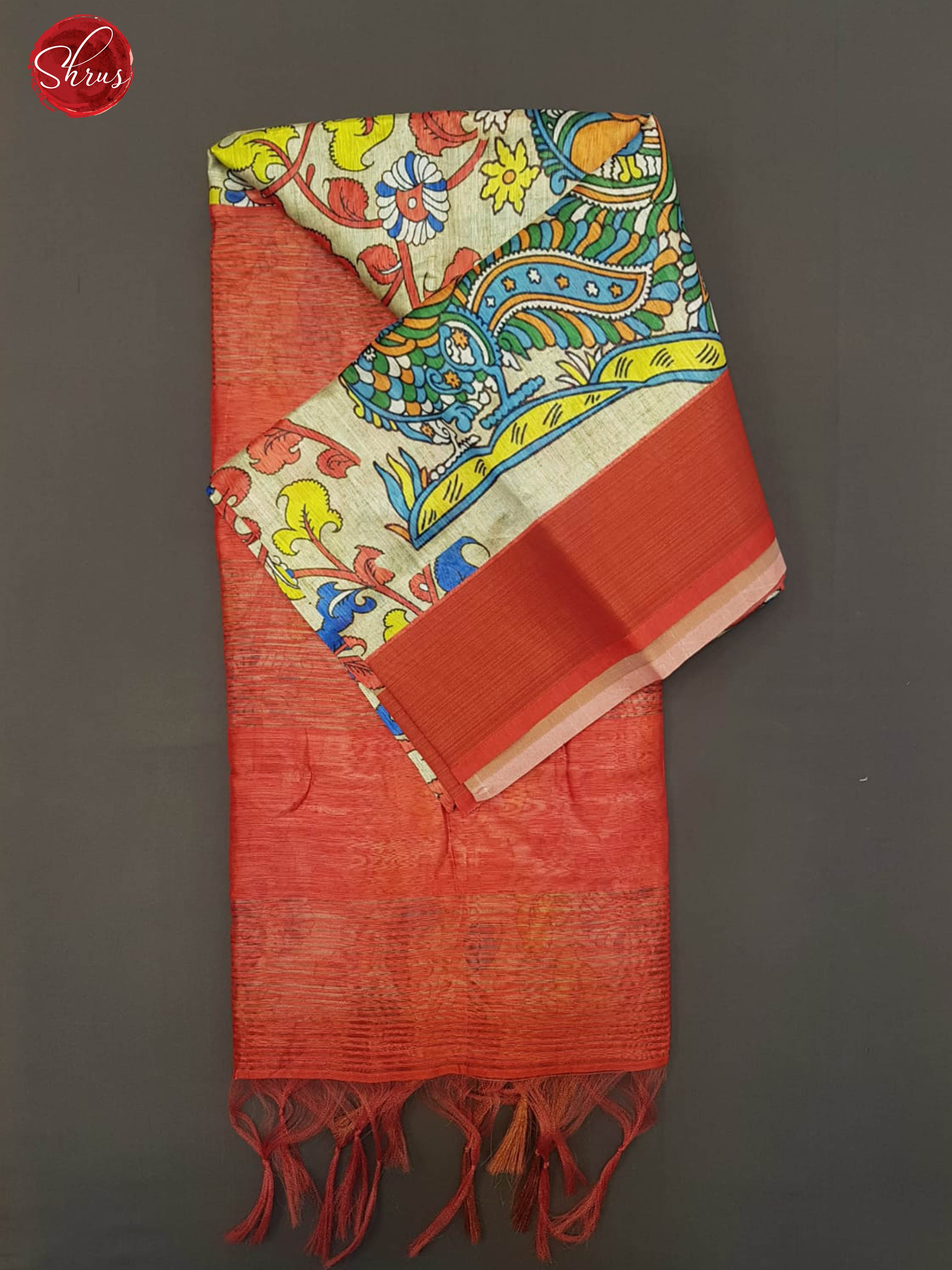 Beige & Red - Semi Jute with kalamkari floral Printed Body & contrast Border - Shop on ShrusEternity.com