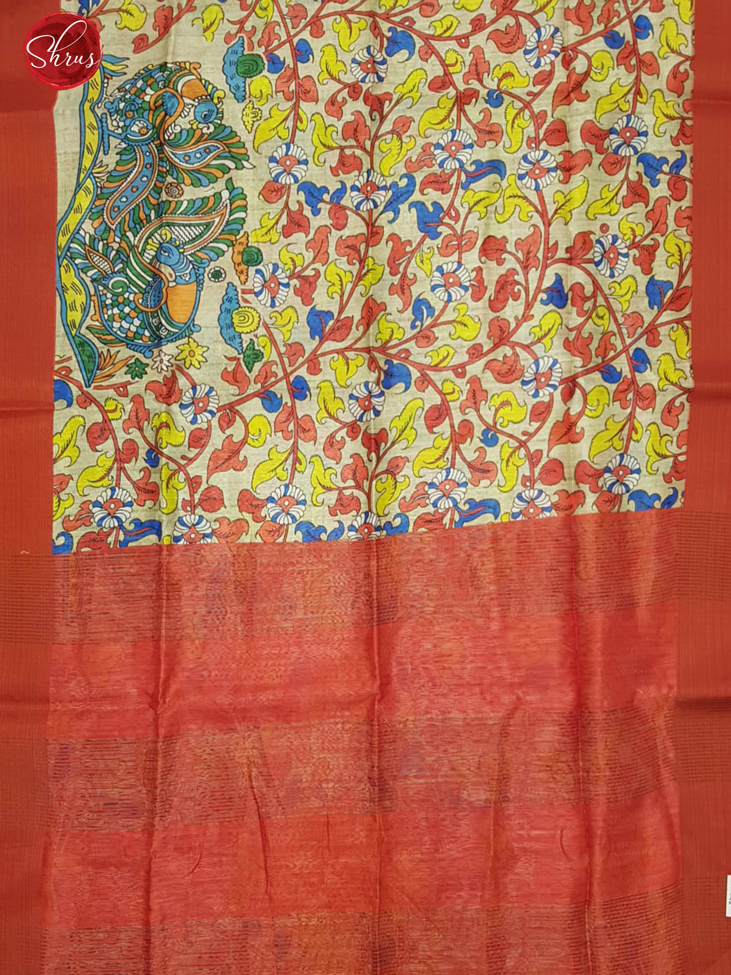 Beige & Red - Semi Jute with kalamkari floral Printed Body & contrast Border - Shop on ShrusEternity.com
