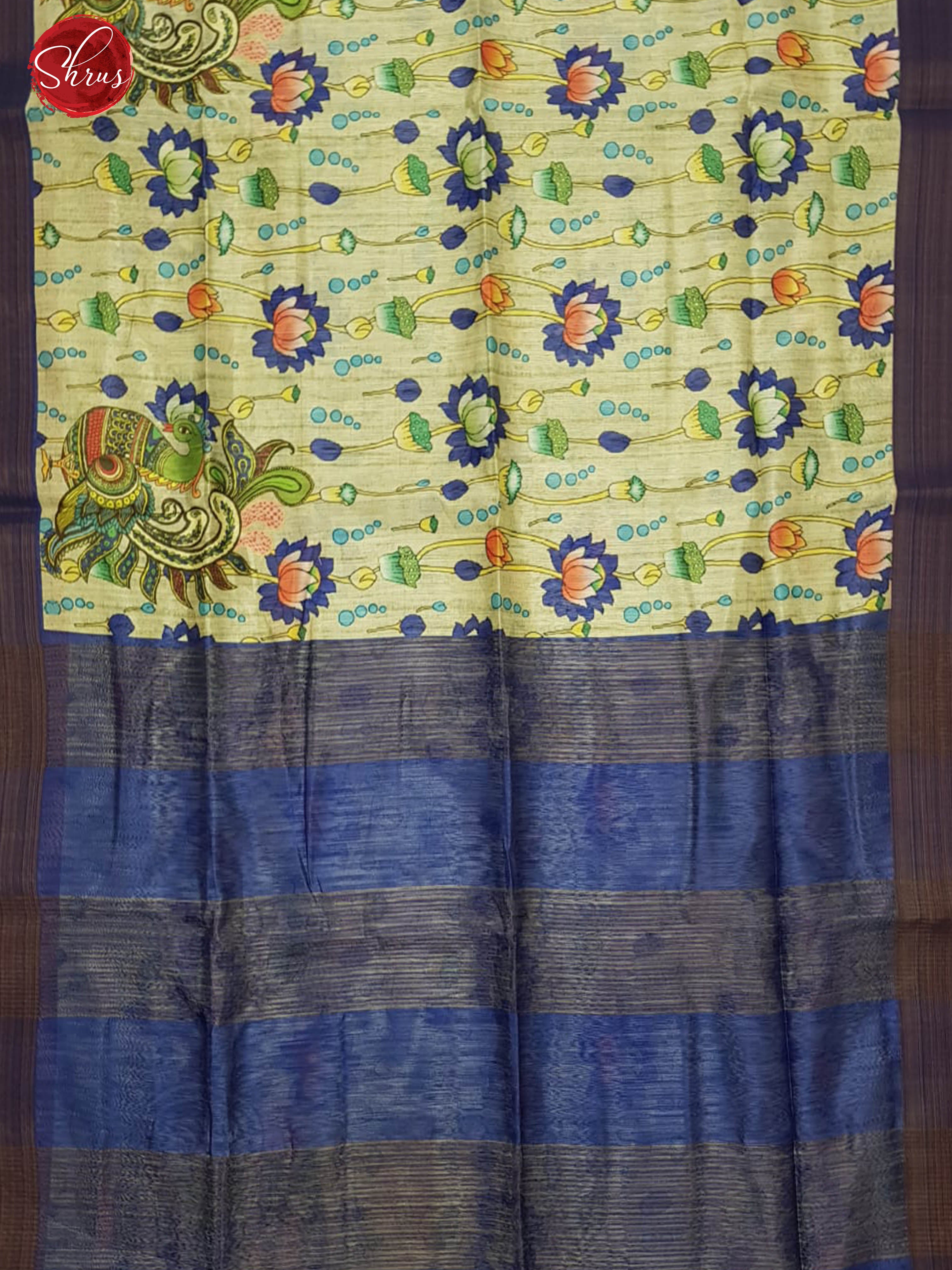 Cream & Blue - Semi Jute with kalamkari floral Printed Body & contrast Border - Shop on ShrusEternity.com