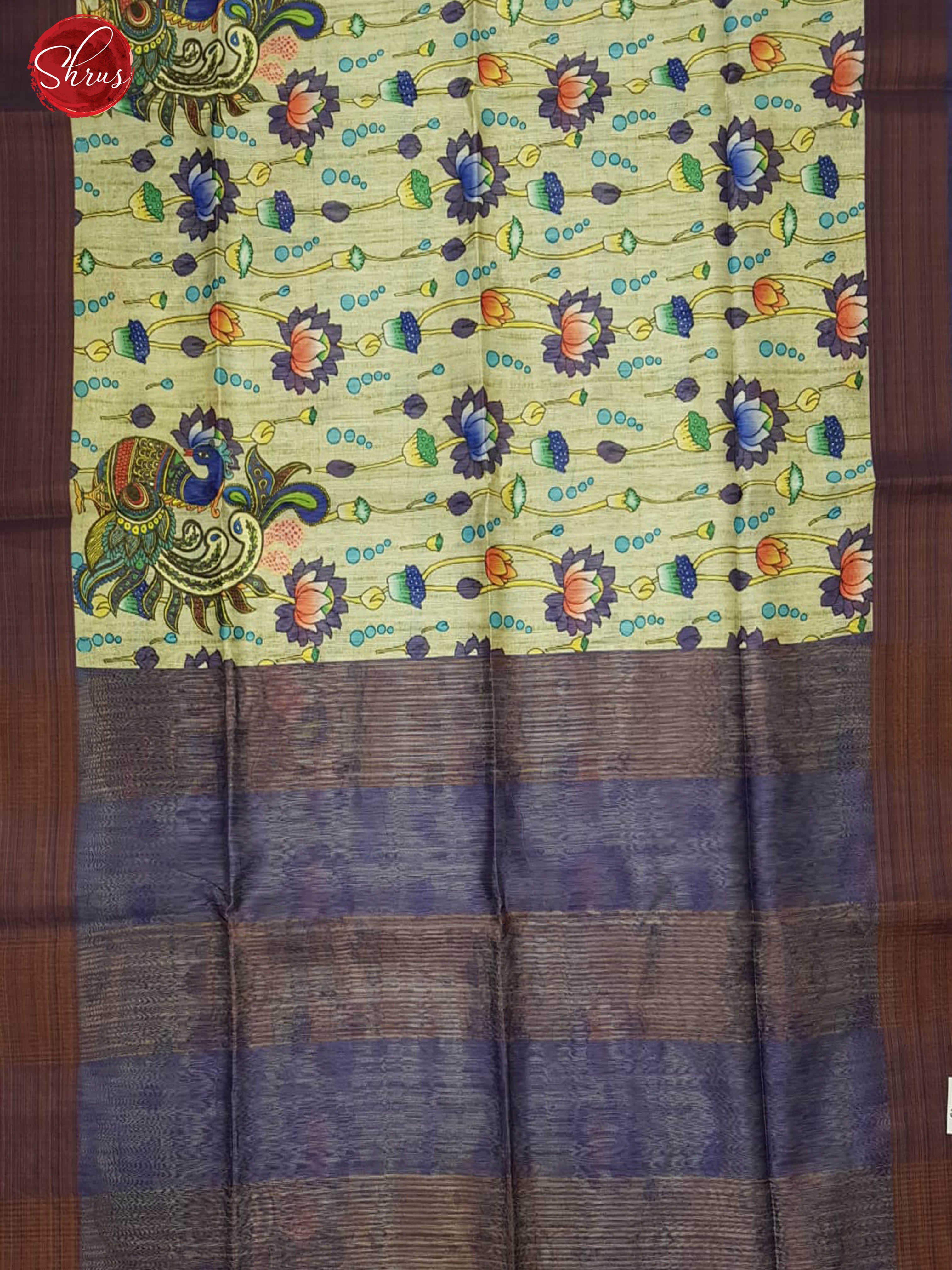 Cream & Blue - Semi Jute with kalamkari floral Printed Body & contrast Border - Shop on ShrusEternity.com