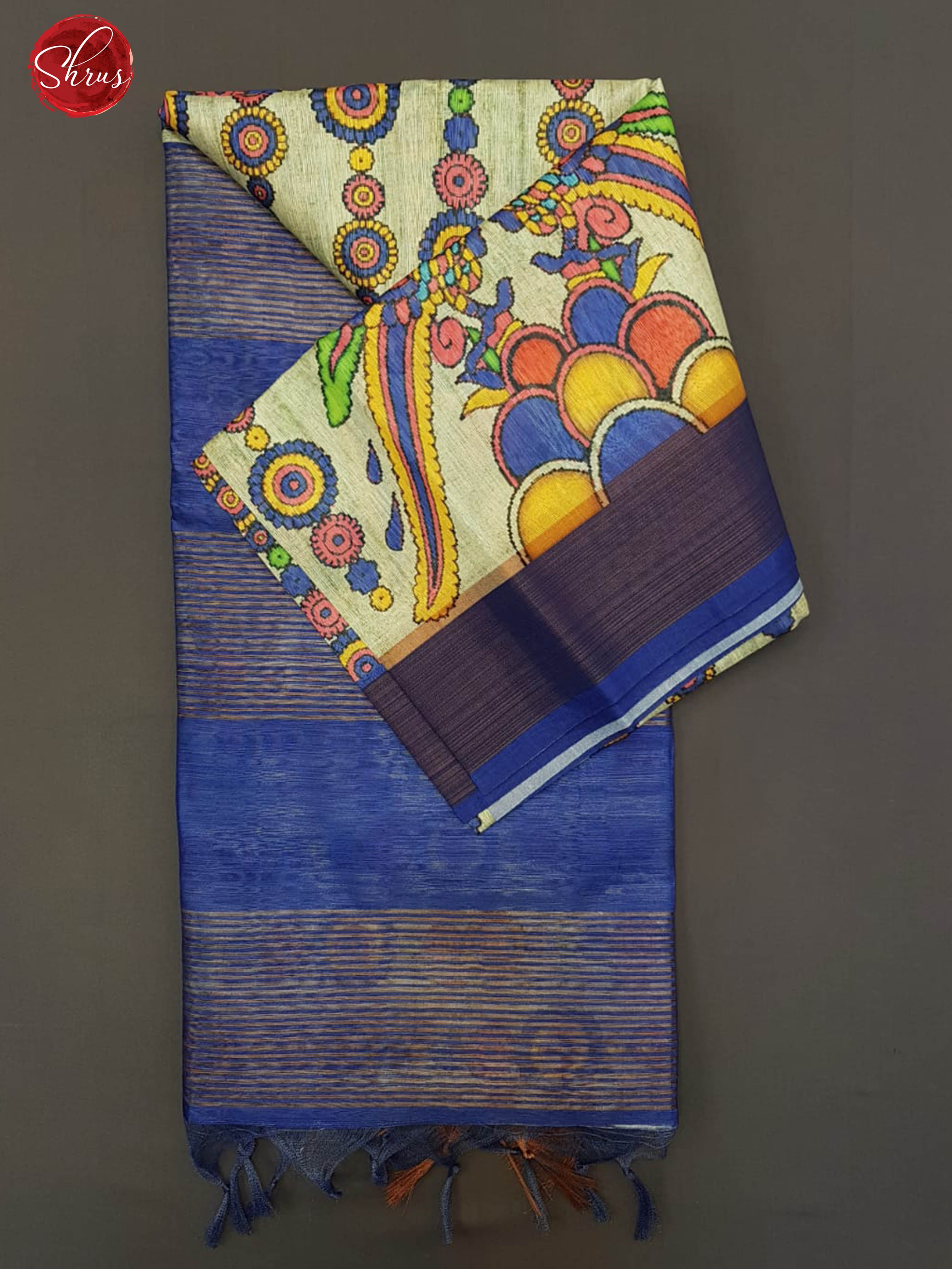 Cream & Blue - Semi Jute with kalamkari floral Printed Body & contrast Border - Shop on ShrusEternity.com