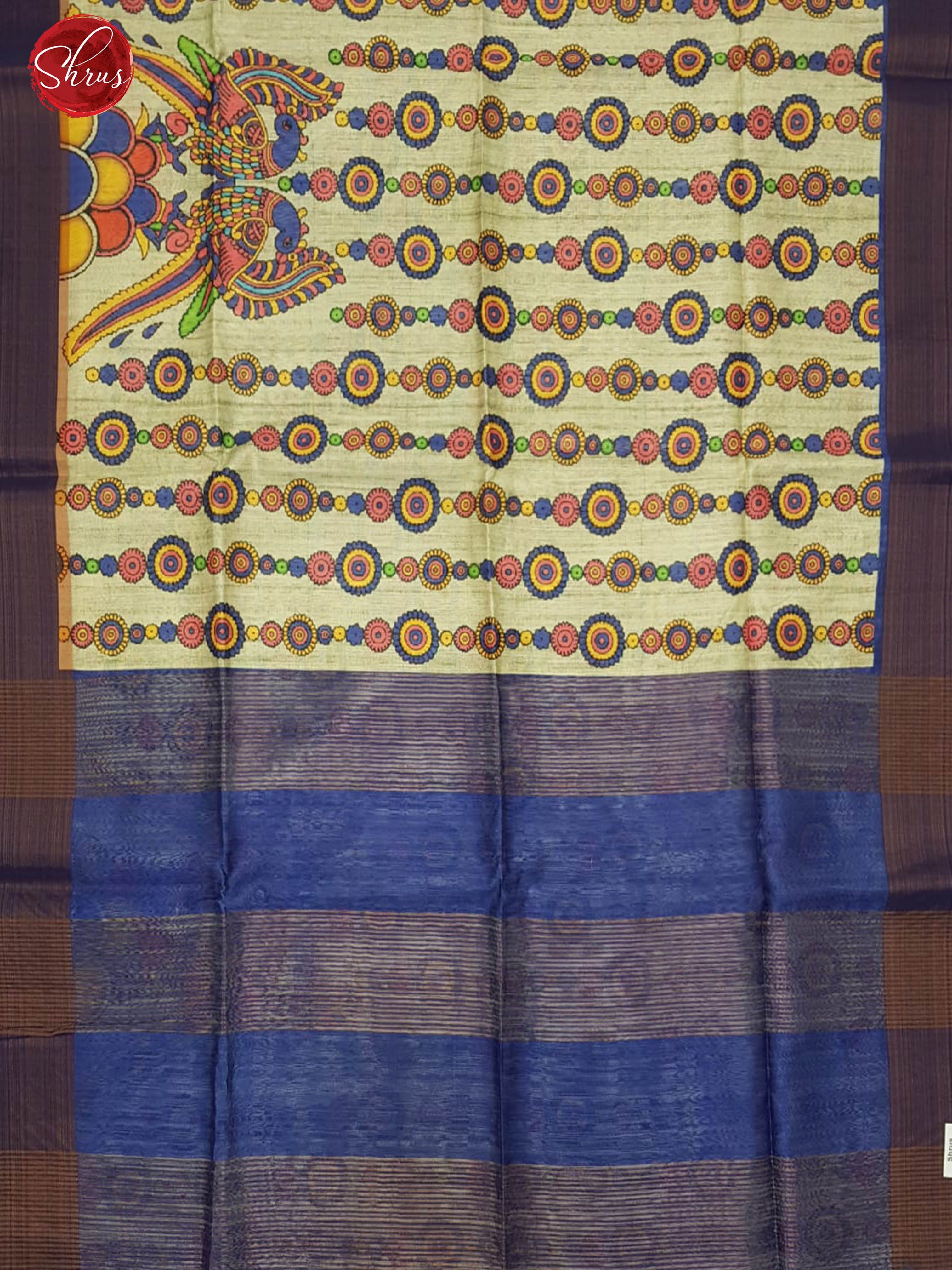 Cream & Blue - Semi Jute with kalamkari floral Printed Body & contrast Border - Shop on ShrusEternity.com