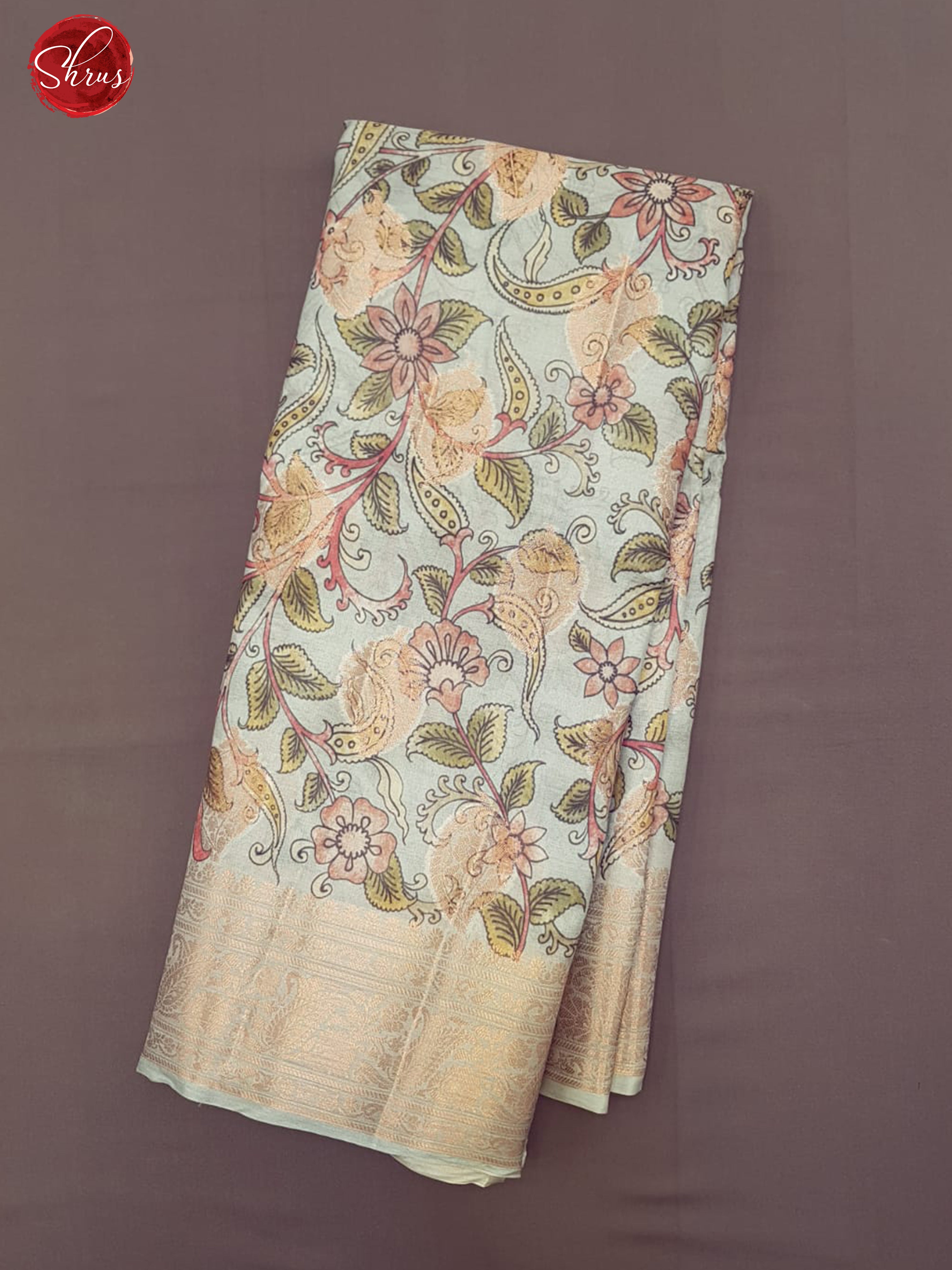 Bluish Grey(Single Tone)-Tussar with floral print on the body & Zari Border - Shop on ShrusEternity.com