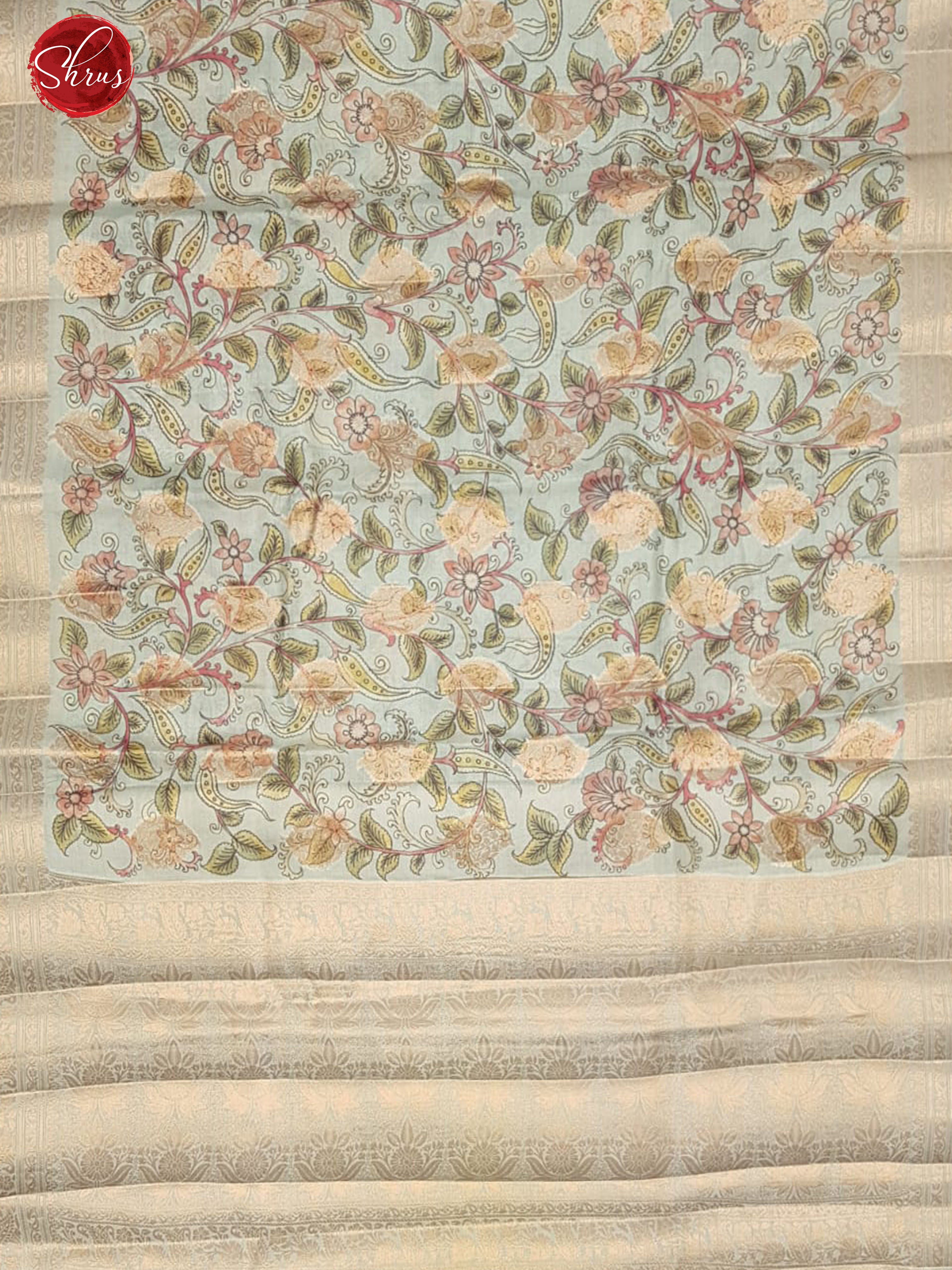 Bluish Grey(Single Tone)-Tussar with floral print on the body & Zari Border - Shop on ShrusEternity.com