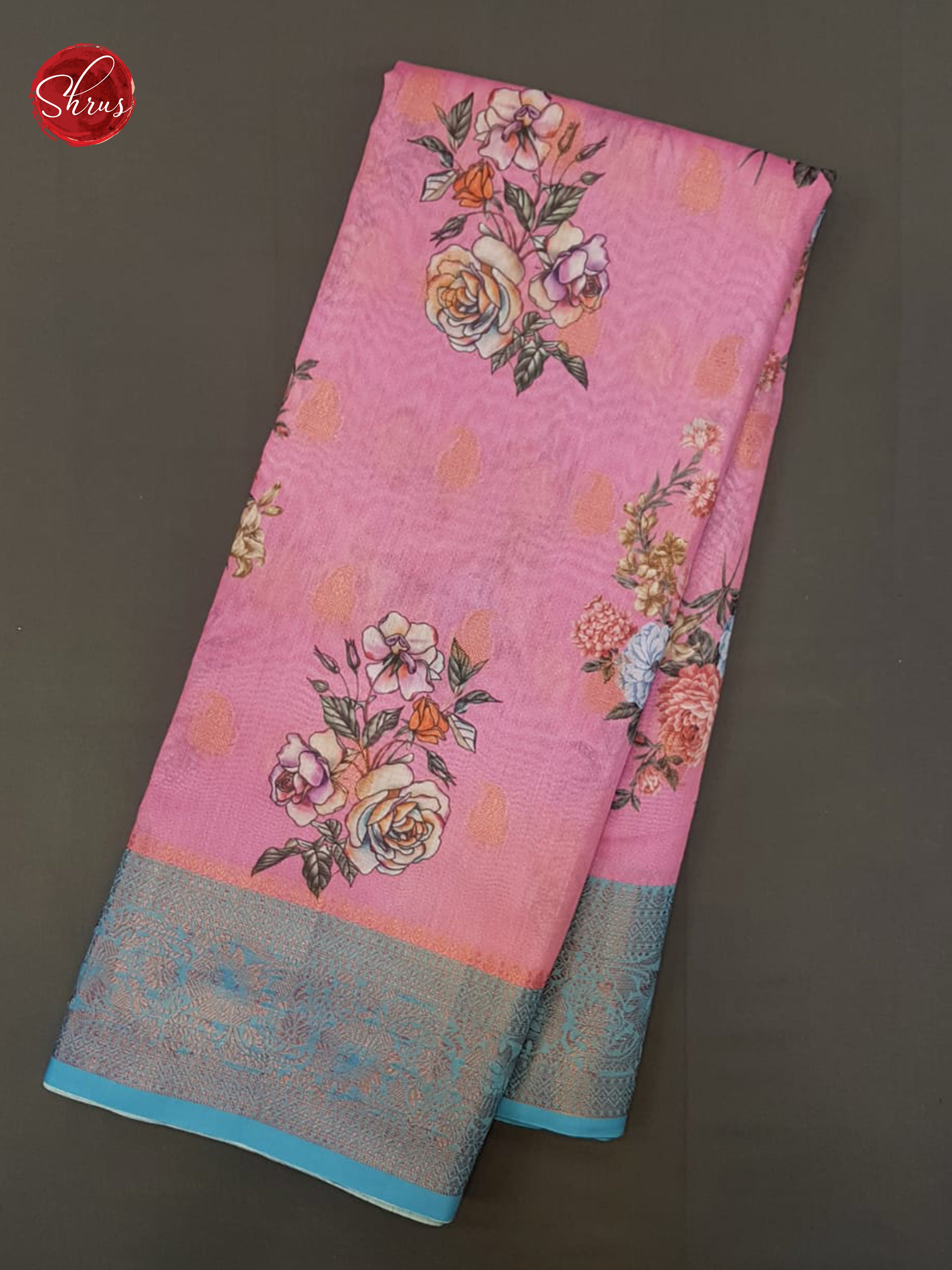 Pink & Blue - Semi Chanderi with floral print on the body & Zari Border - Shop on ShrusEternity.com