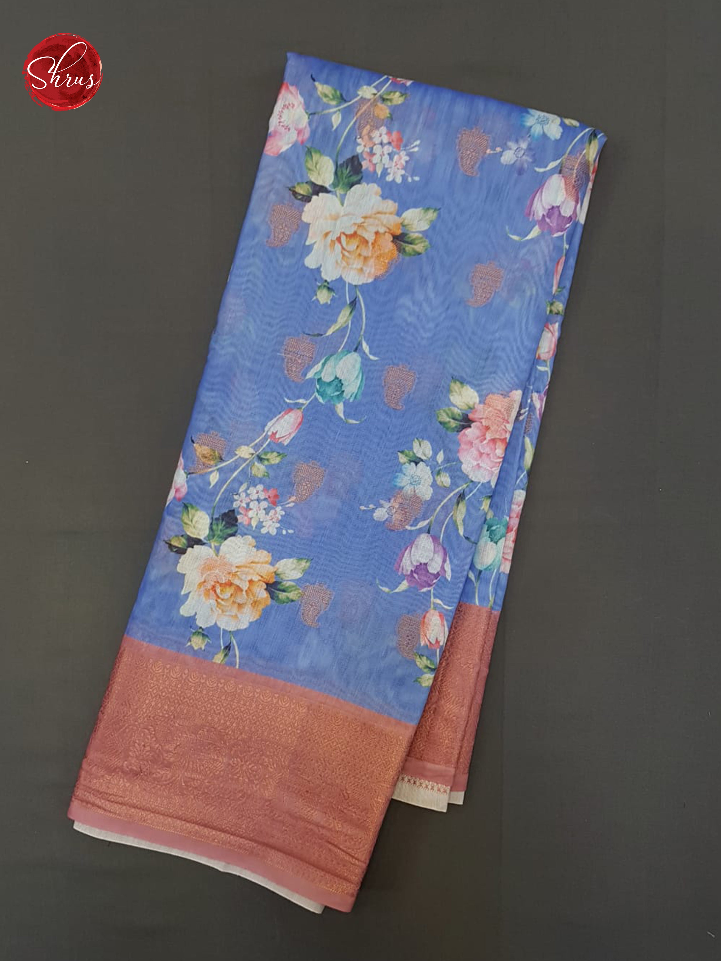 Blue & Pink -Semi Chanderi with floral print on the body & Zari Border - Shop on ShrusEternity.com