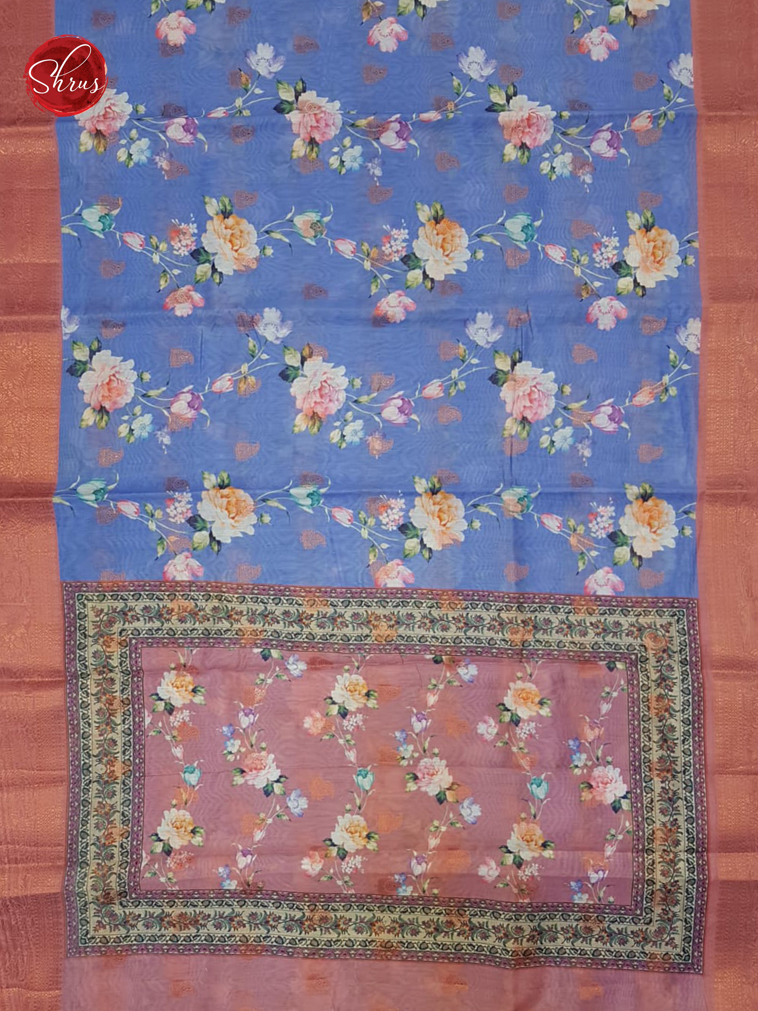 Blue & Pink -Semi Chanderi with floral print on the body & Zari Border - Shop on ShrusEternity.com