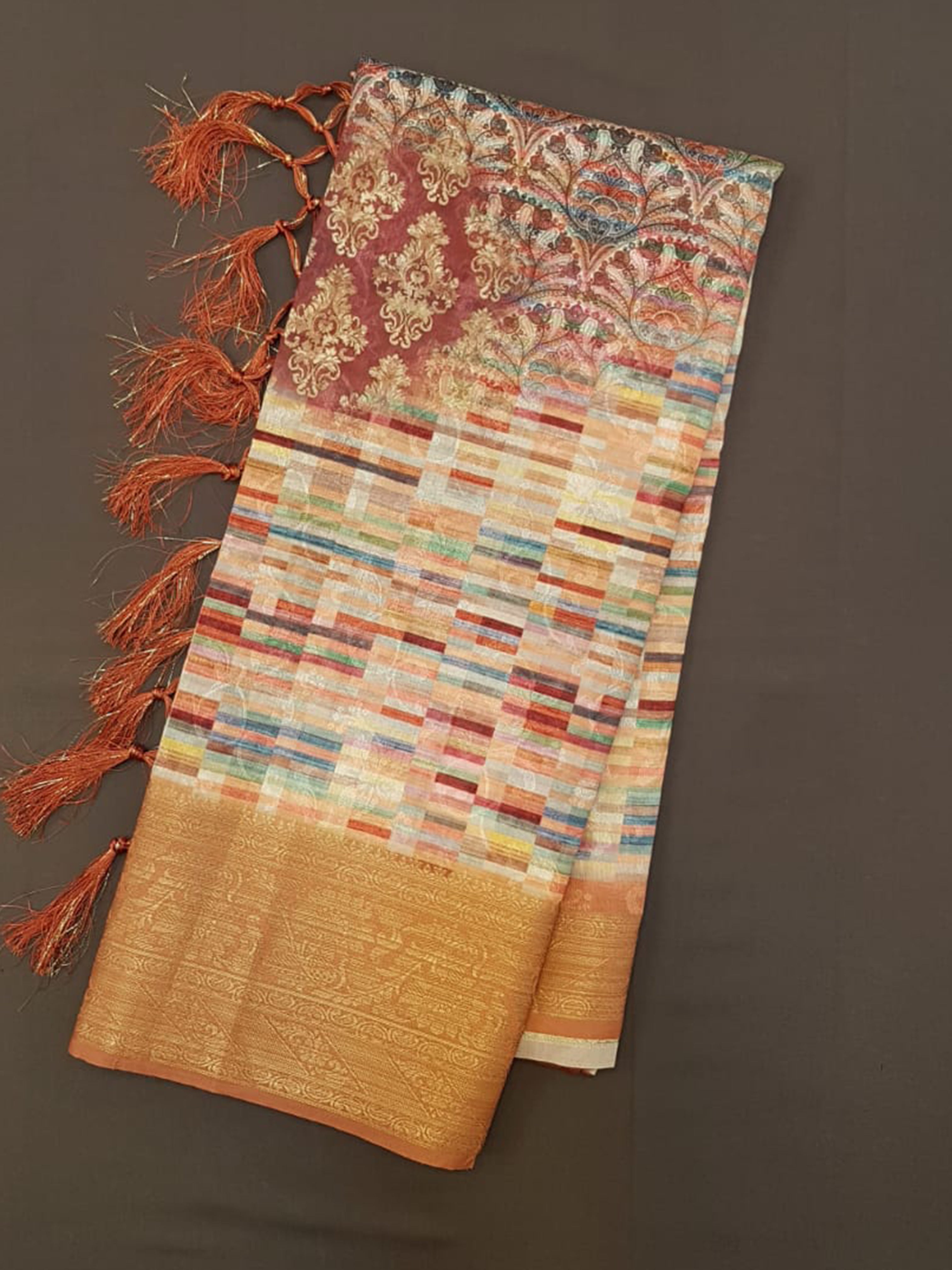 Cream & Brown -Jute with Printed Body & Contrast Zari Border - Shop on ShrusEternity.com
