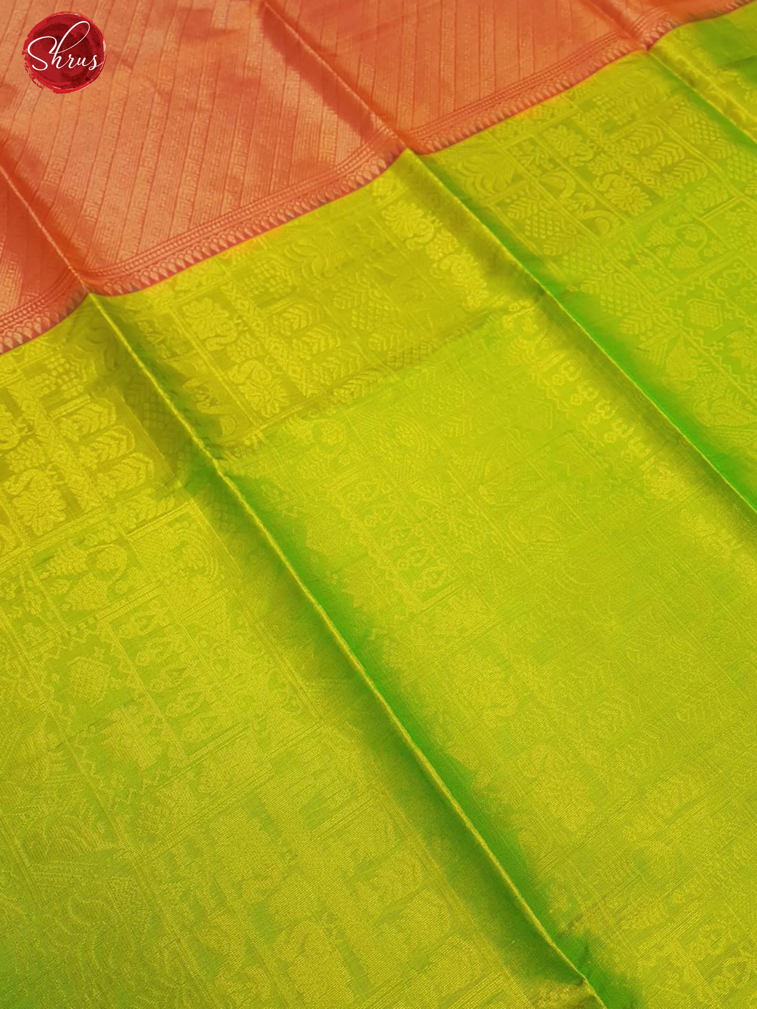 Green & Orangish Pink -Borderless Soft Silk with zari woven floral , birds buttas on the body - Shop on ShrusEternity.com
