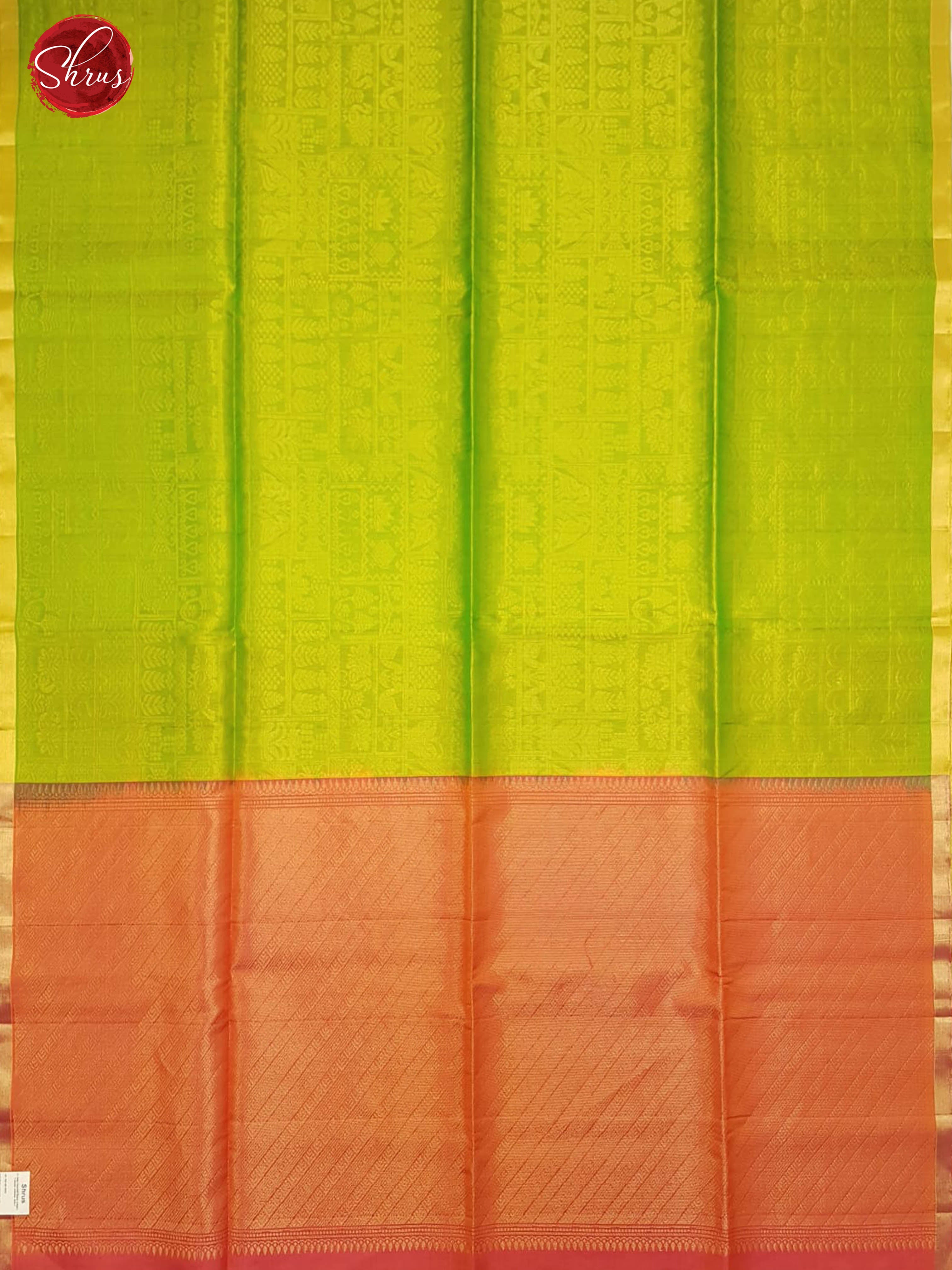 Green & Orangish Pink -Borderless Soft Silk with zari woven floral , birds buttas on the body - Shop on ShrusEternity.com