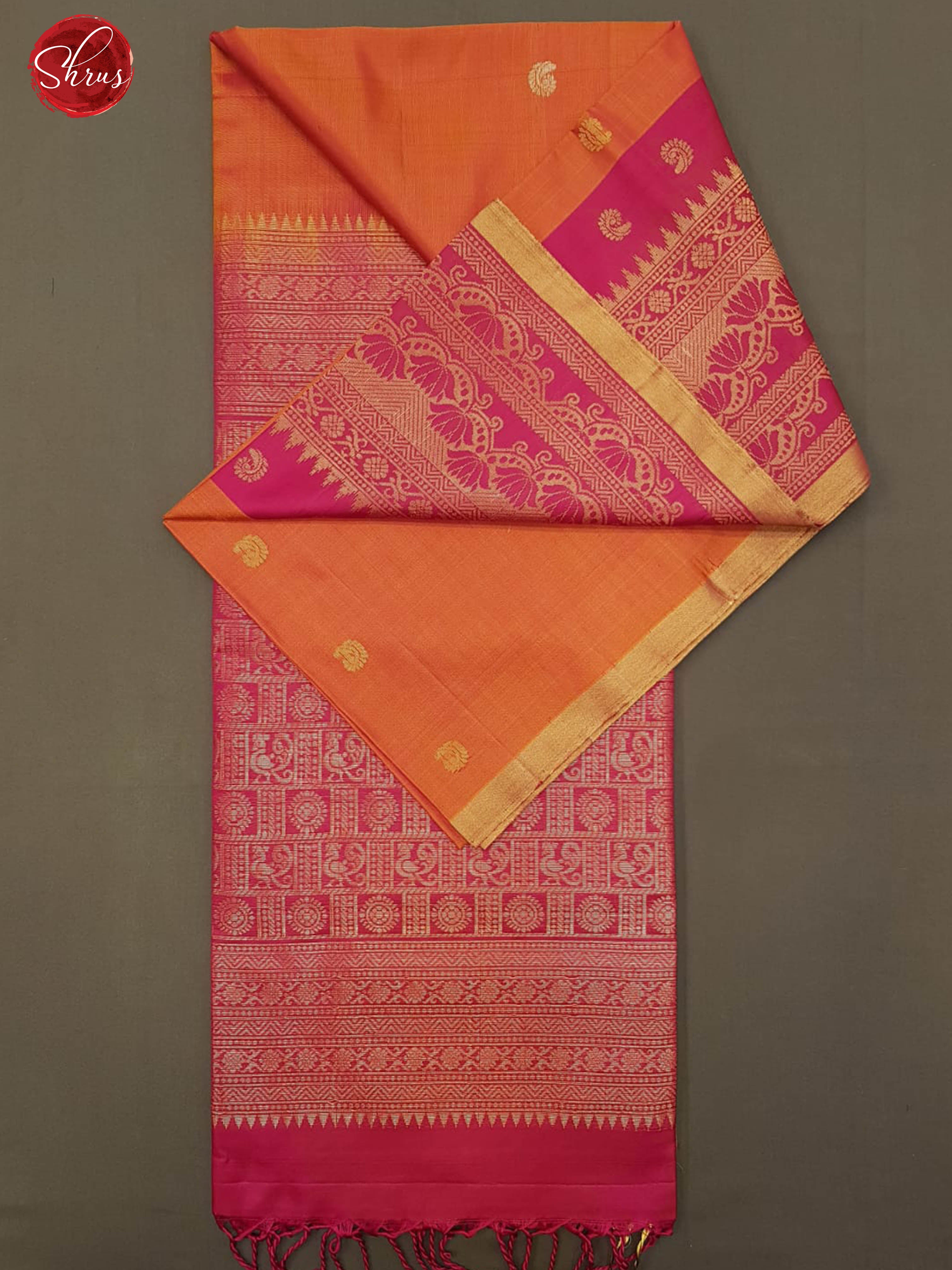 Orangish Pink & Pink - Soft Silk with zari woven manga buttas on the body & Contrast zari border - Shop on ShrusEternity.com