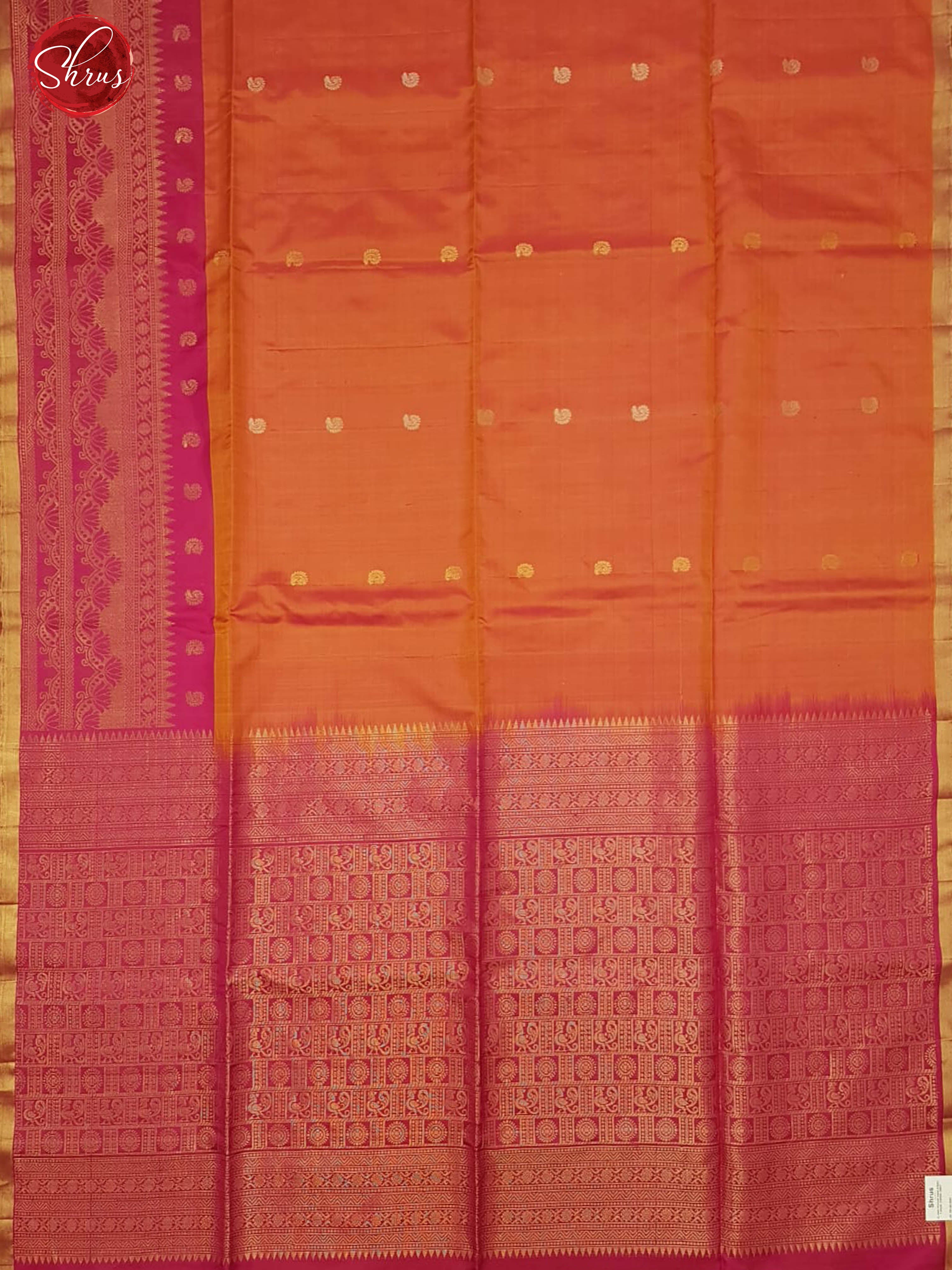 Orangish Pink & Pink - Soft Silk with zari woven manga buttas on the body & Contrast zari border - Shop on ShrusEternity.com