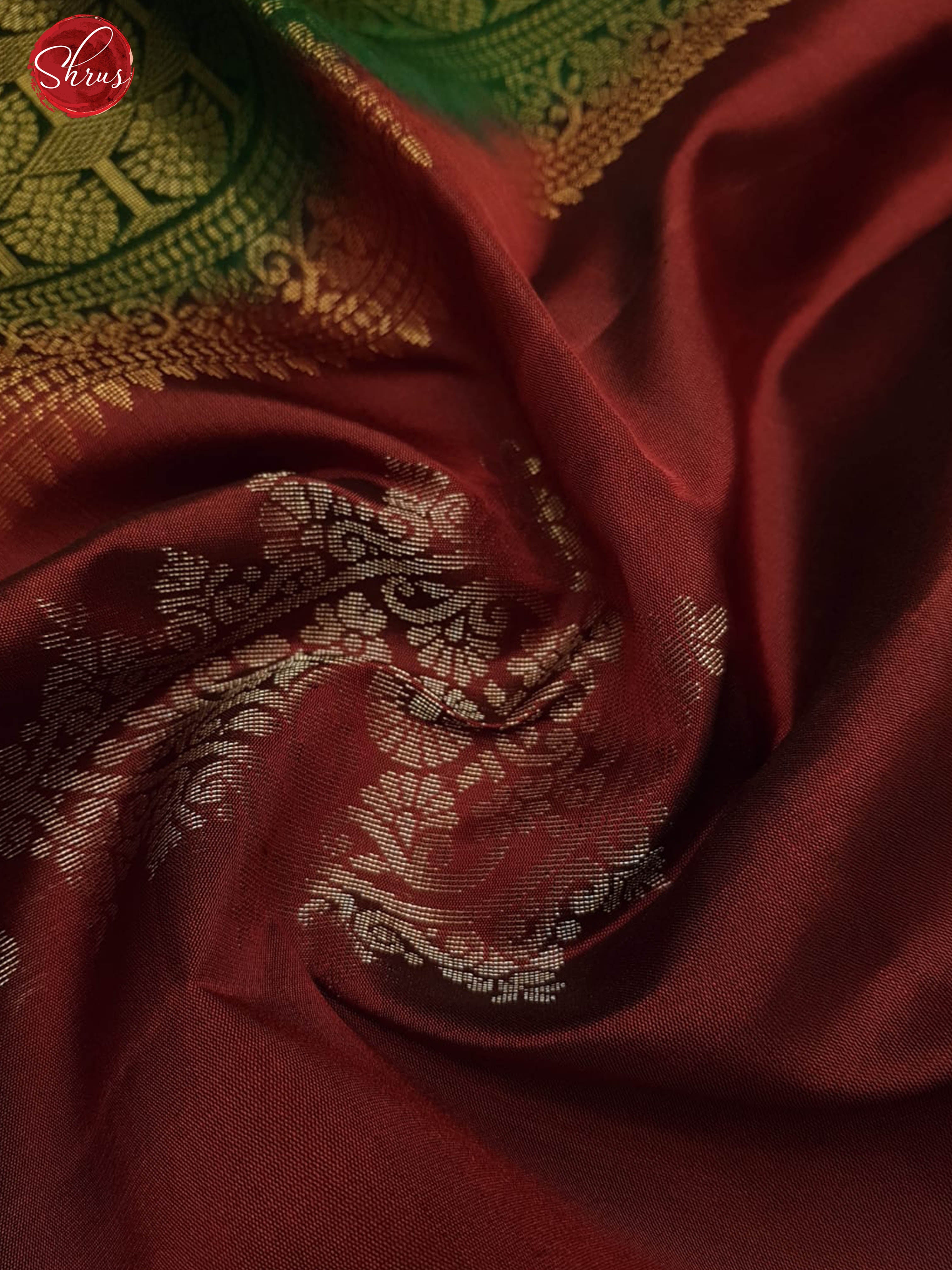 Maroon & Green -Borderless Soft Silk with Gold Zari woven Floral Motifs on the body - Shop on ShrusEternity.com