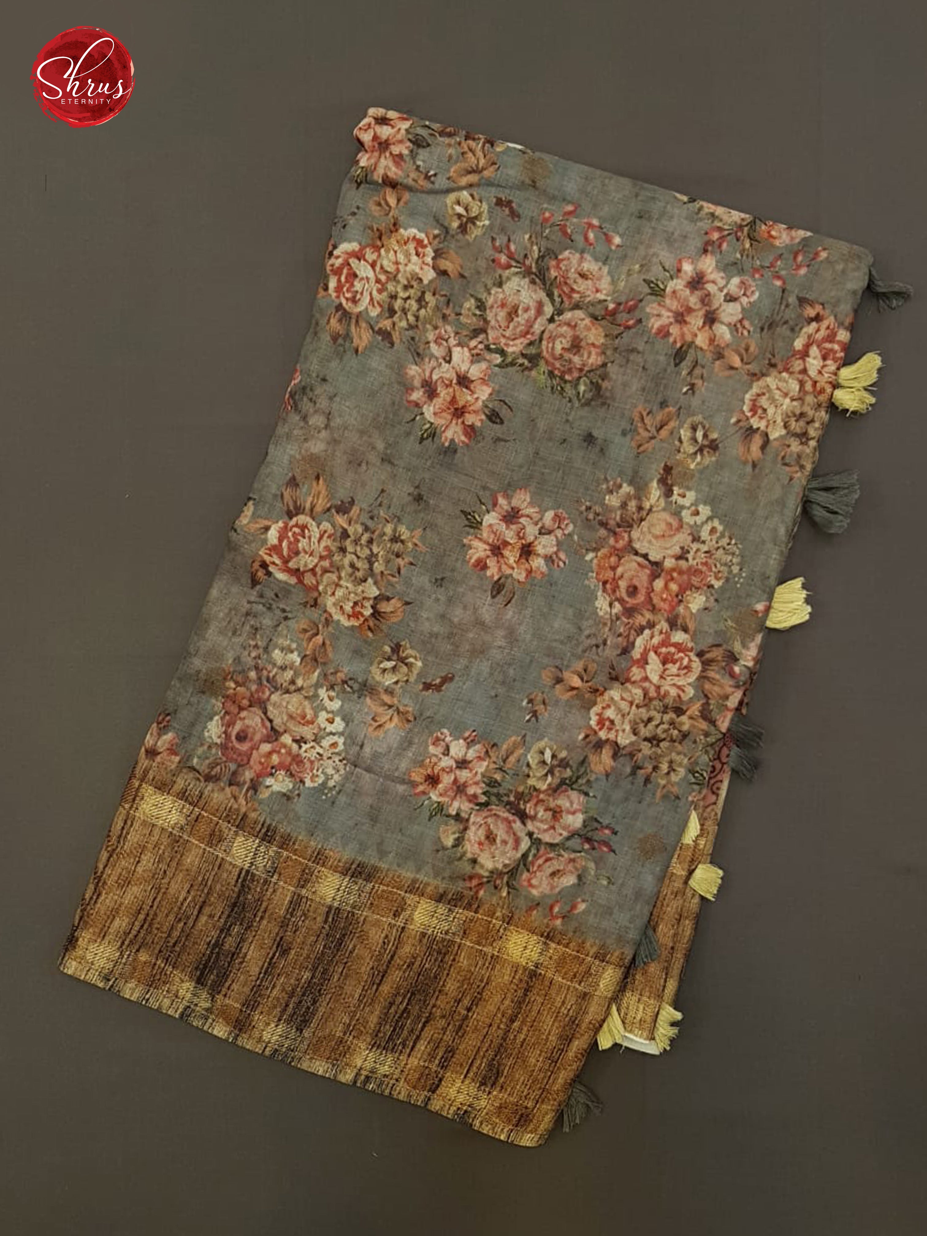 Grey & Brown - Matka Cotton with floral print on the Body & printed Border - Shop on ShrusEternity.com