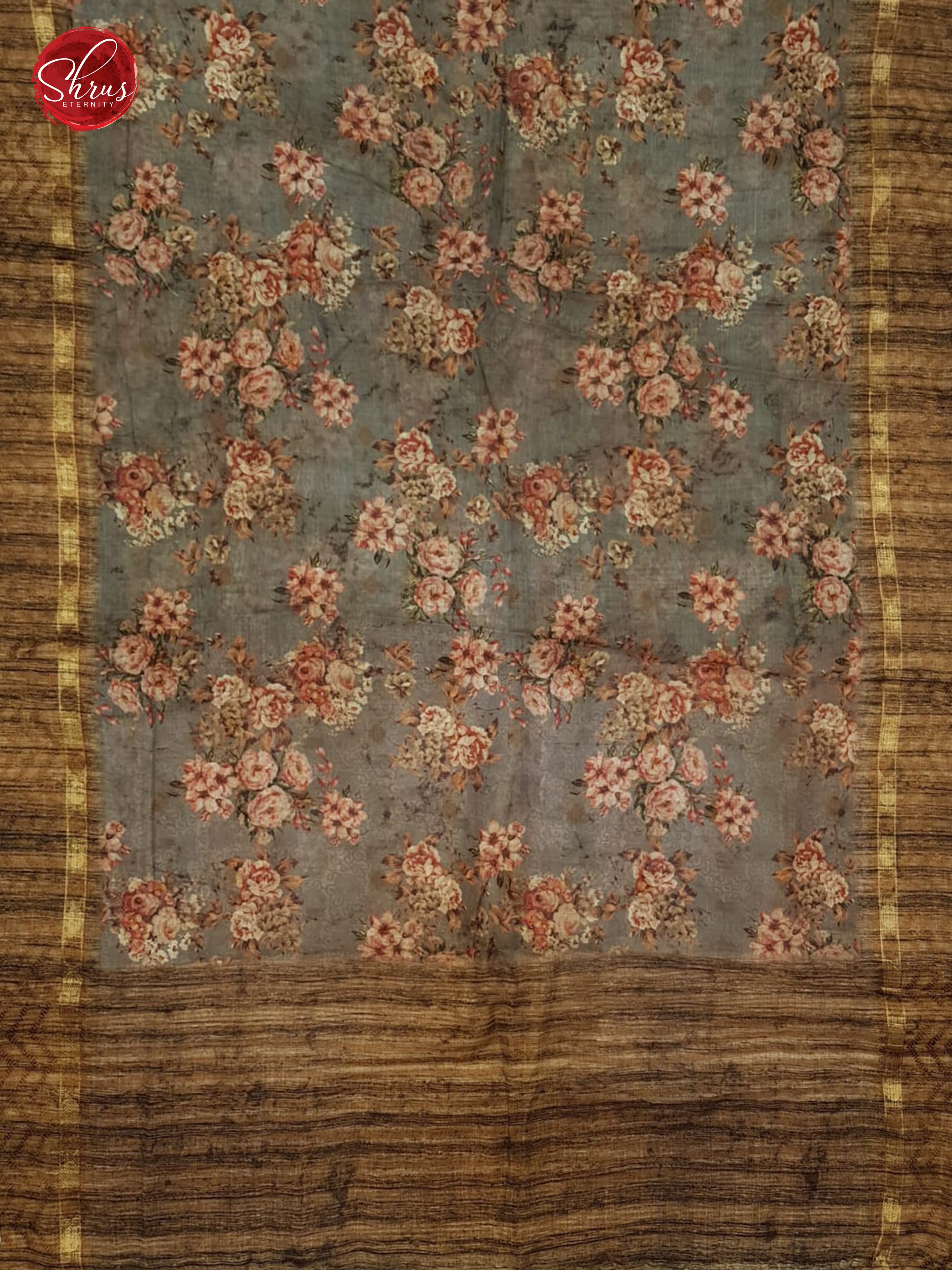 Grey & Brown - Matka Cotton with floral print on the Body & printed Border - Shop on ShrusEternity.com
