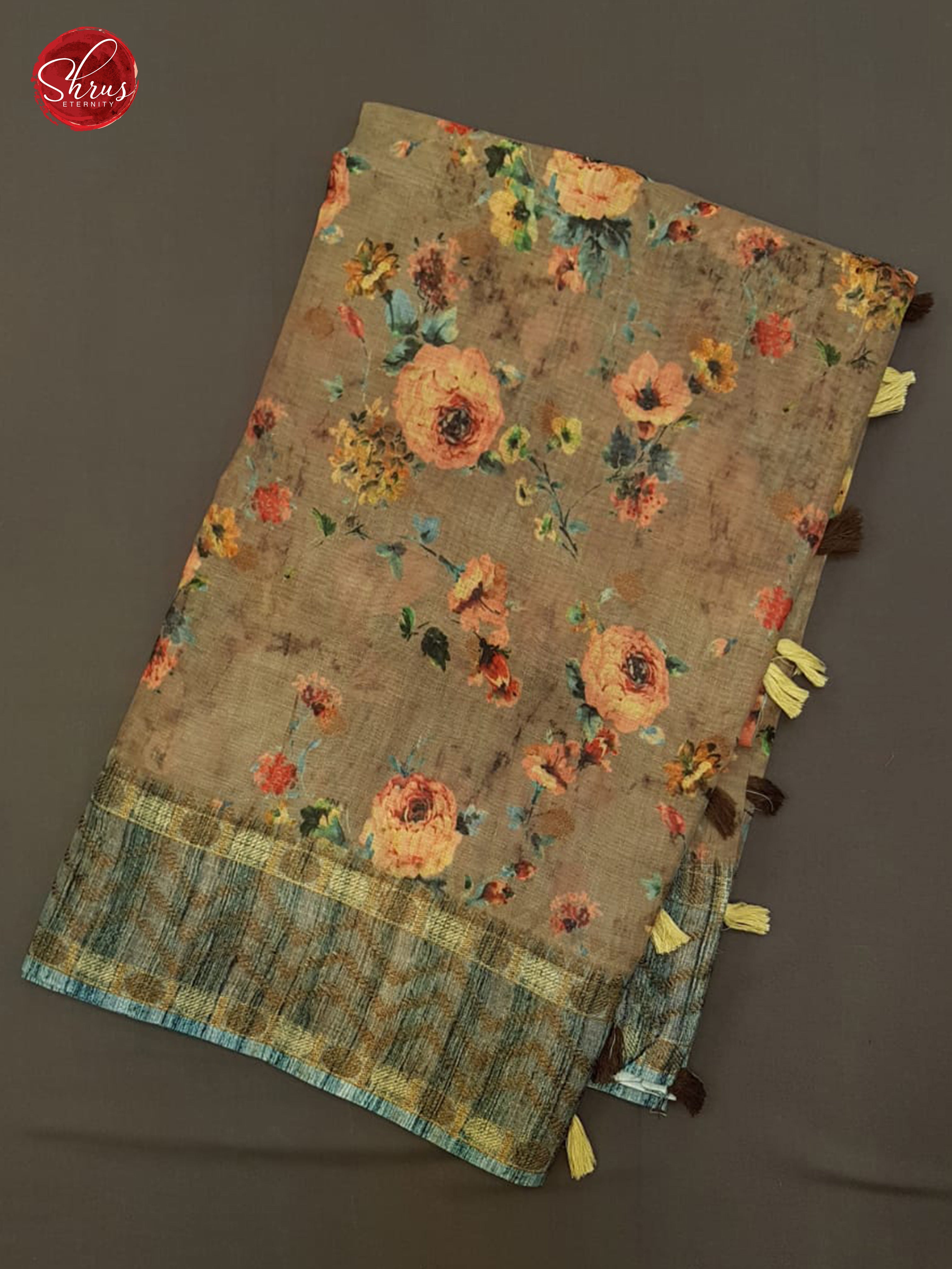 Beige and Grey - Matka Cotton with floral print on the Body & printed Border - Shop on ShrusEternity.com