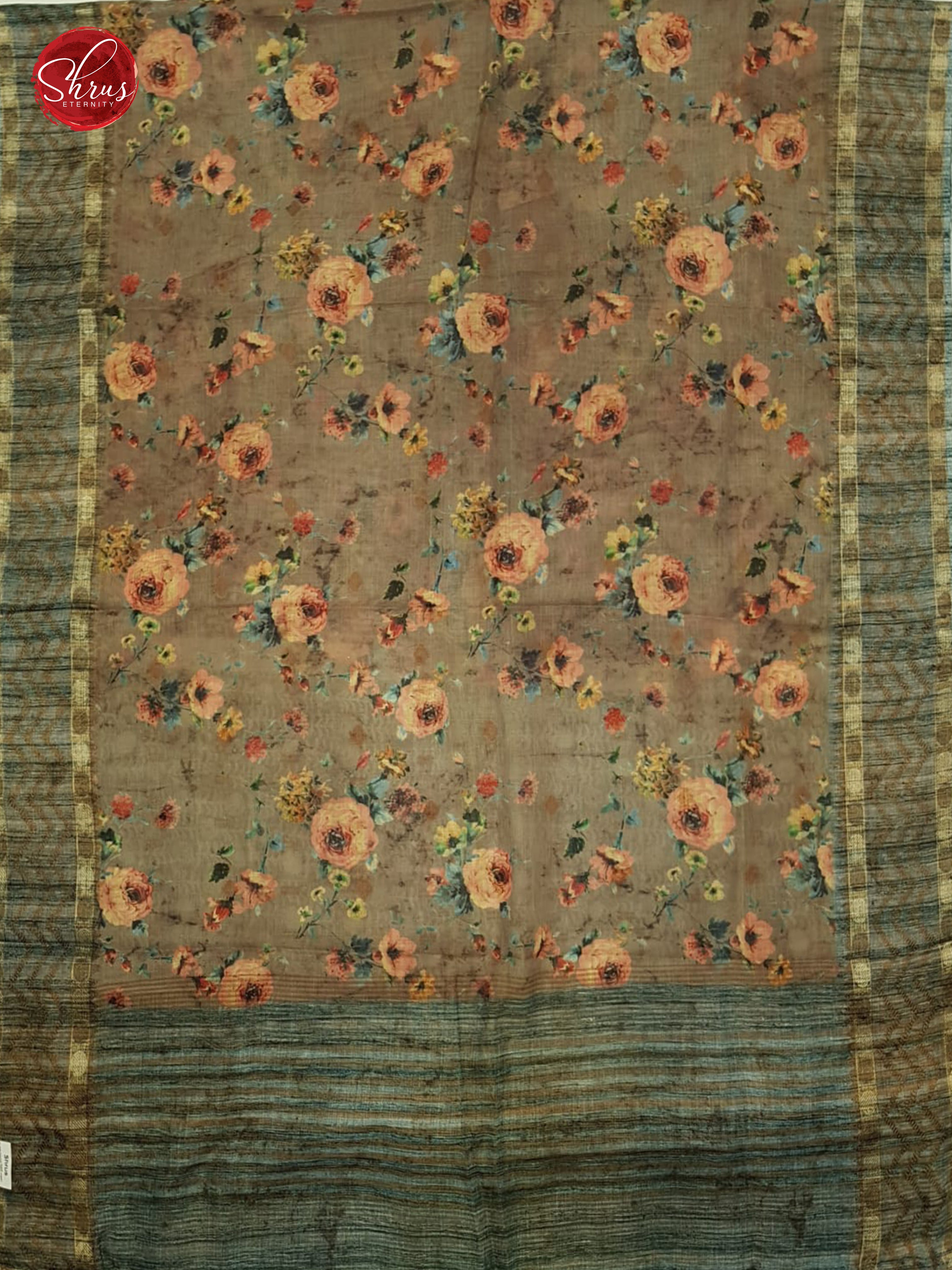 Beige and Grey - Matka Cotton with floral print on the Body & printed Border - Shop on ShrusEternity.com