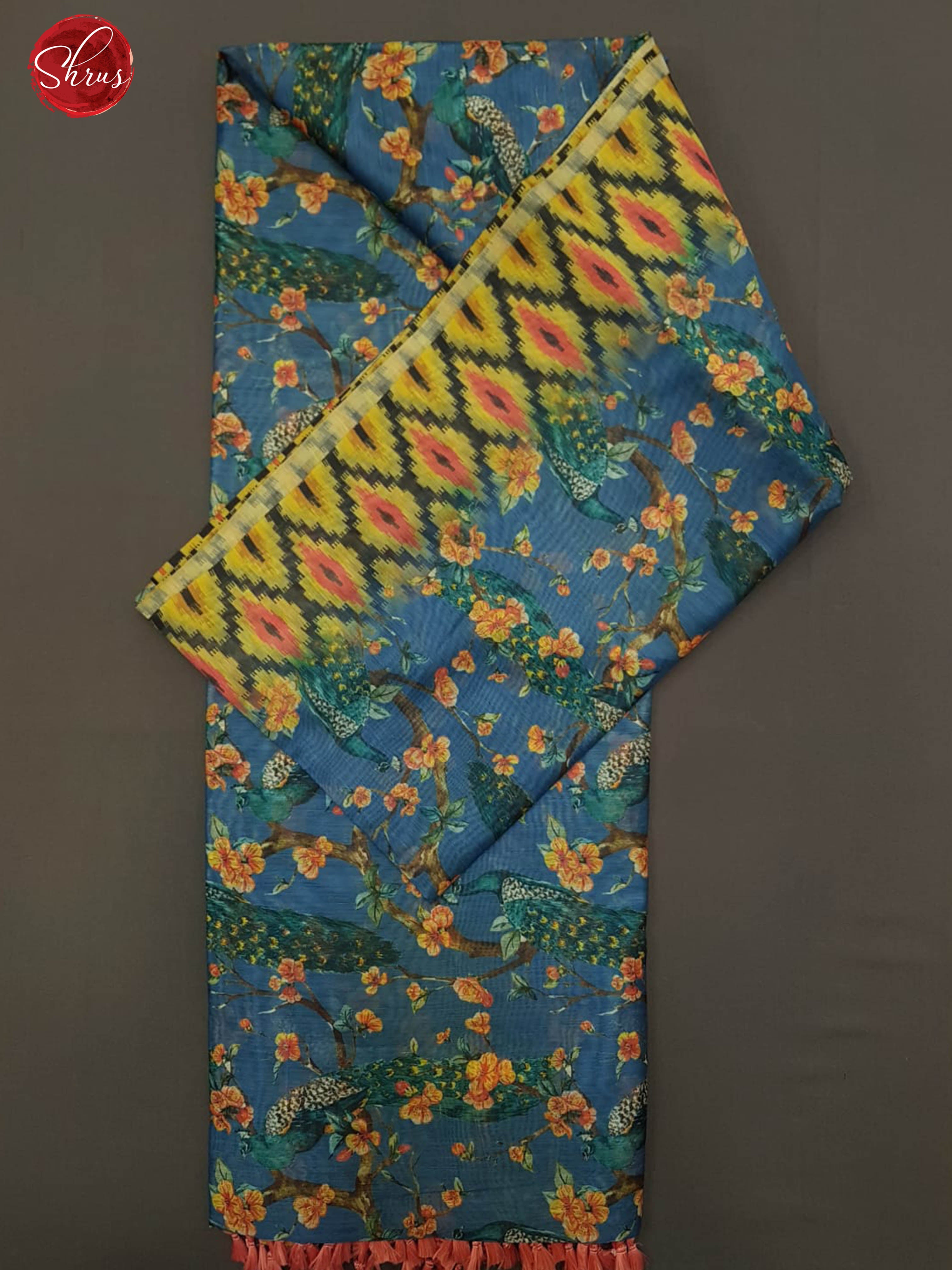 Blue & Yellow-Semi Jute with floral Printed Body & contrast Border - Shop on ShrusEternity.com