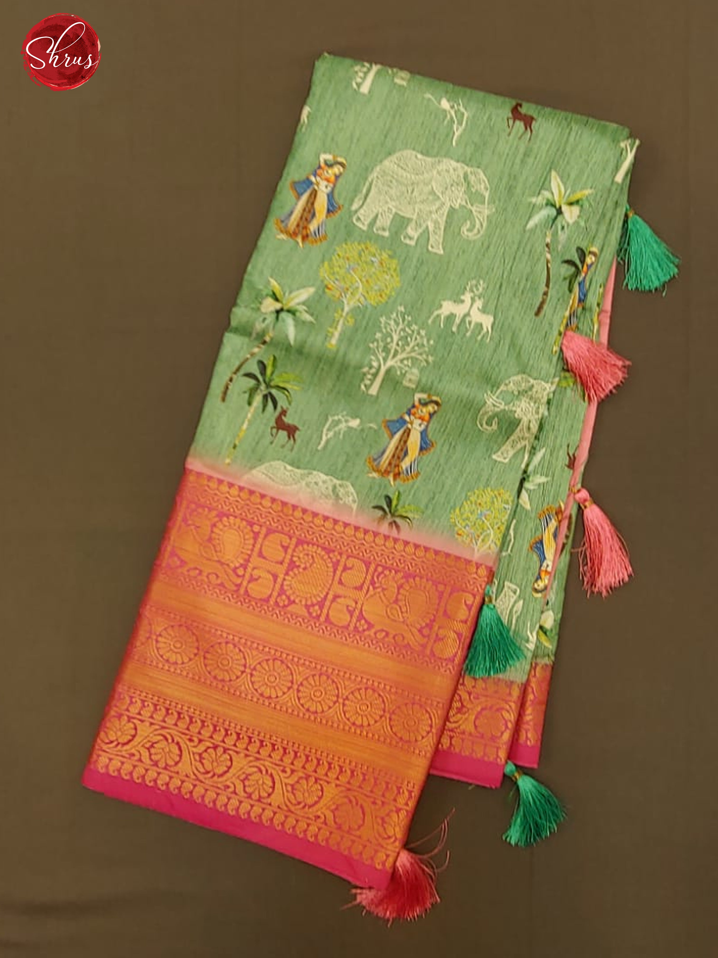 Green & Pink - Semi Crepe with floral print on the body & contrast Zari Border - Shop on ShrusEternity.com