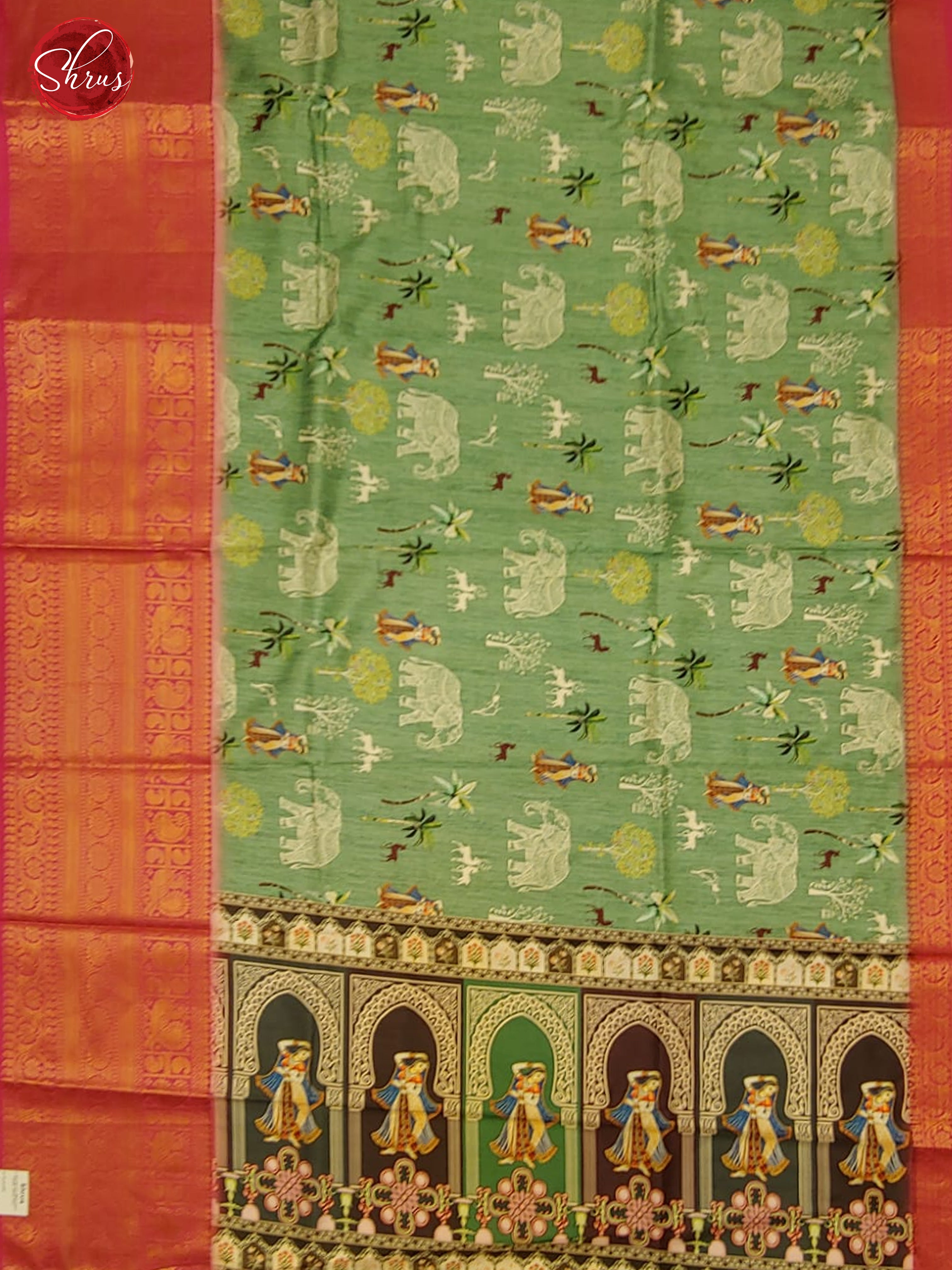 Green & Pink - Semi Crepe with floral print on the body & contrast Zari Border - Shop on ShrusEternity.com