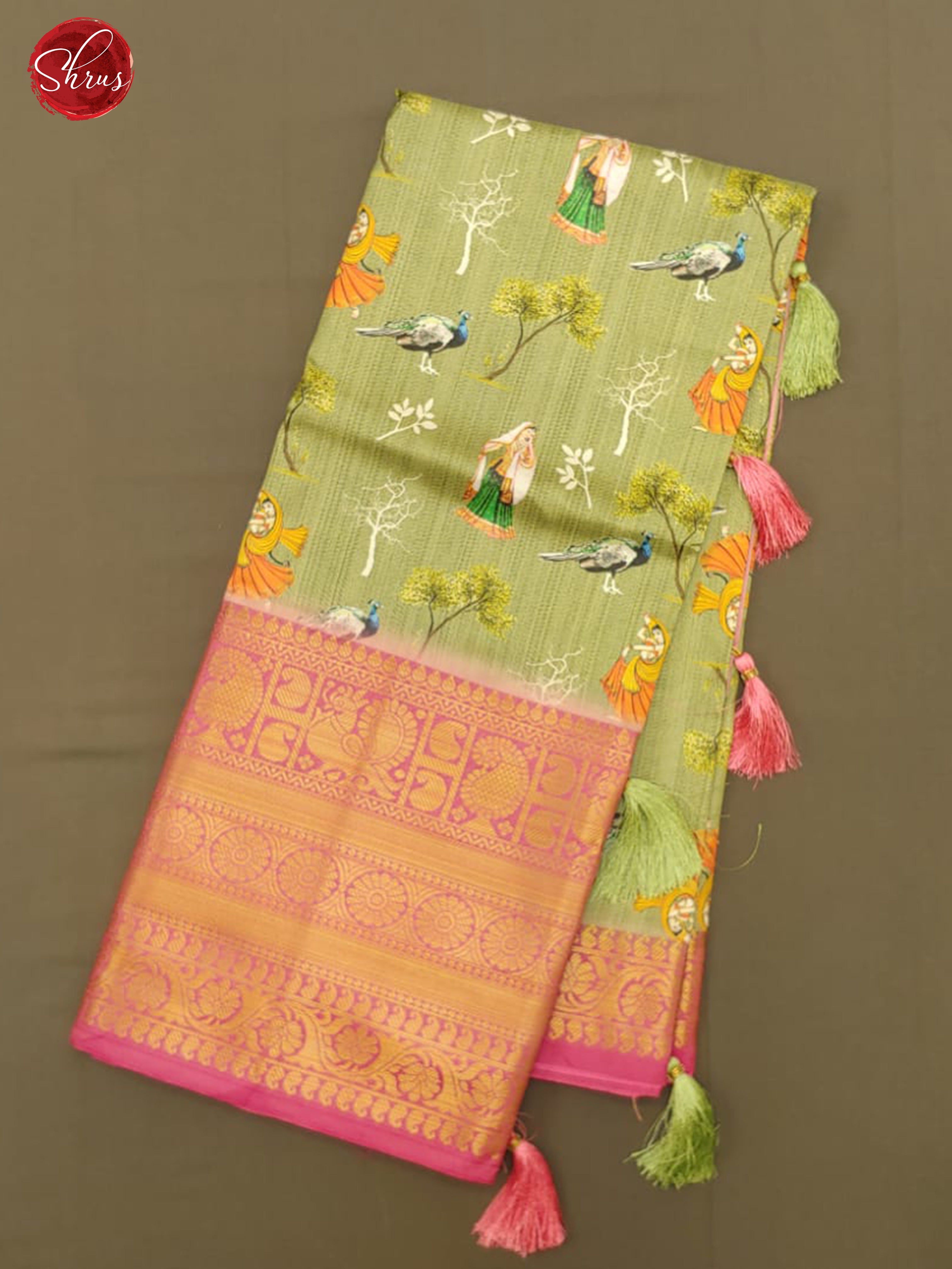 Green & Pink- Semi Crepe with birds print on the body & Zari Border - Shop on ShrusEternity.com