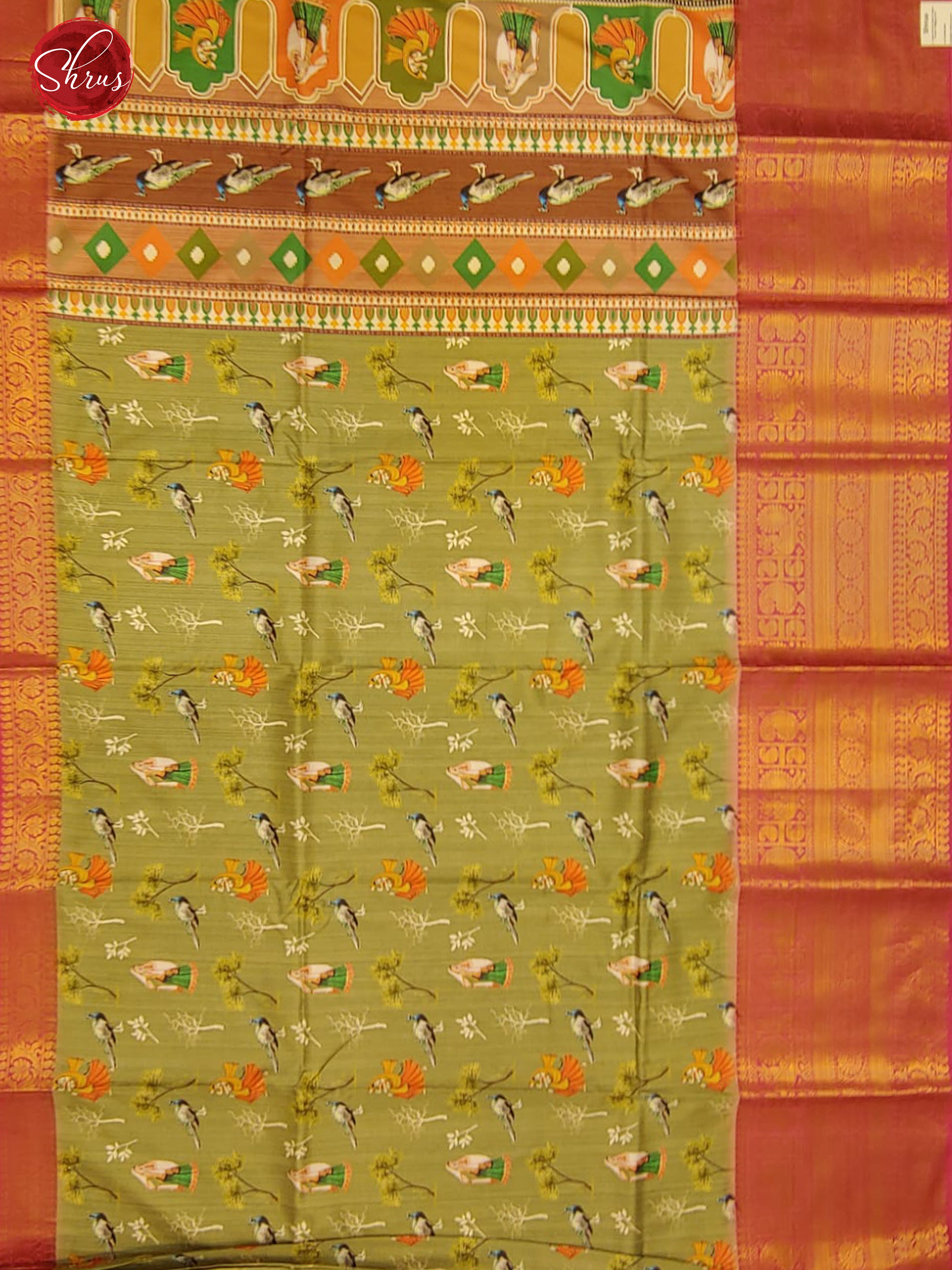 Green & Pink- Semi Crepe with birds print on the body & Zari Border - Shop on ShrusEternity.com