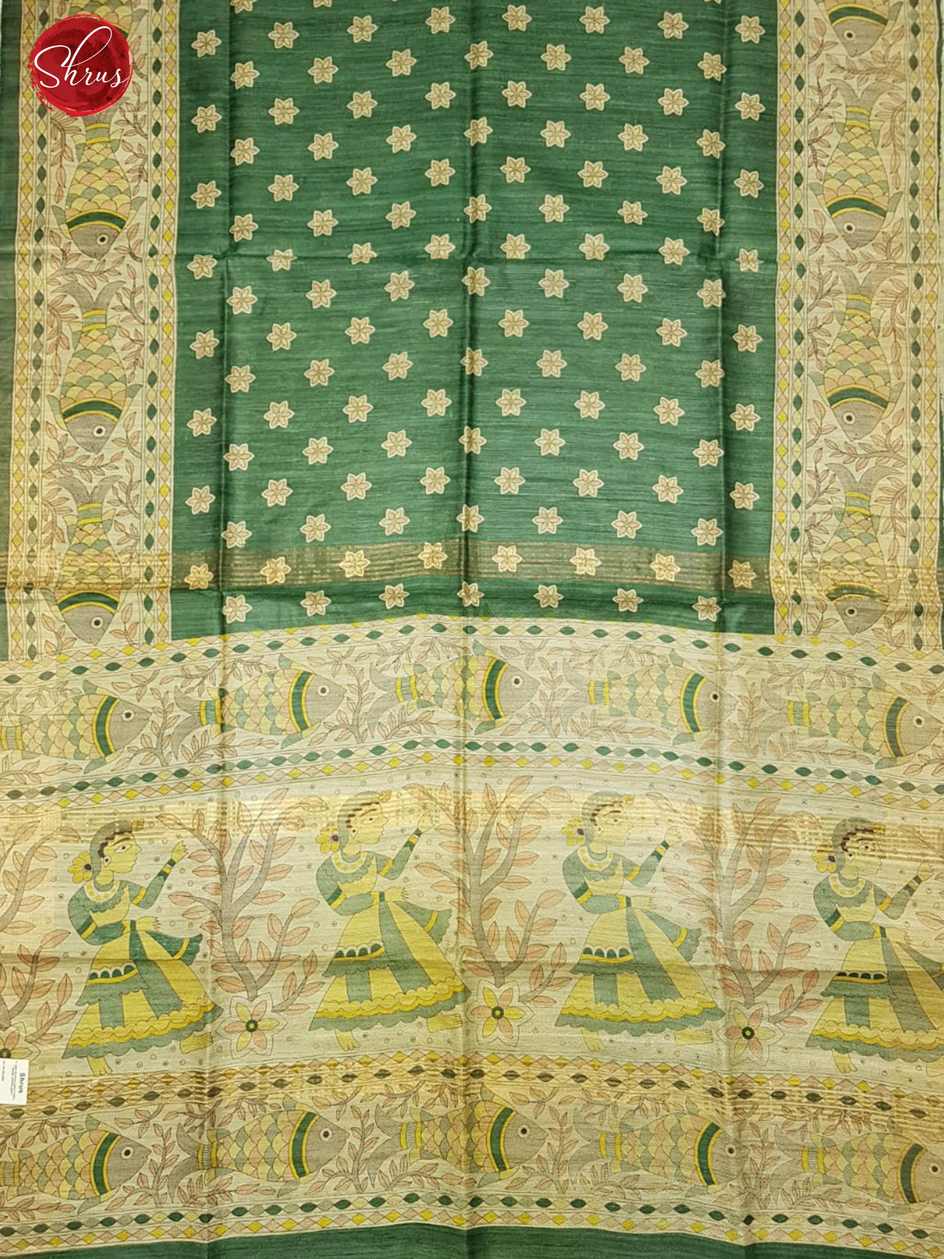 Green & Cream - Gicha Tussar with floral print on the body & Madhubani paint - Shop on ShrusEternity.com