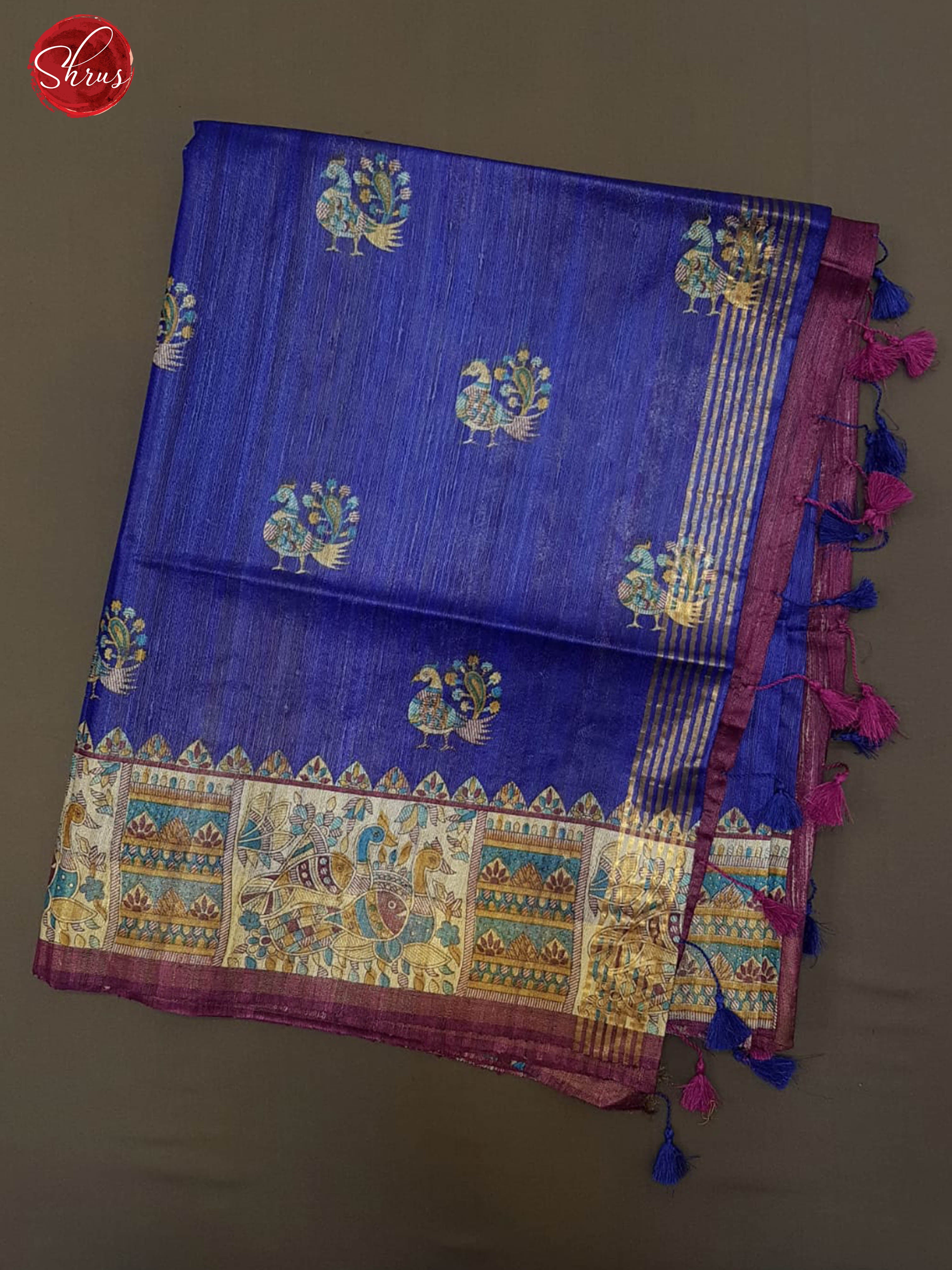 Blue & Cream- Gicha Tussar with Peacock print & Mandhubani paint border - Shop on ShrusEternity.com
