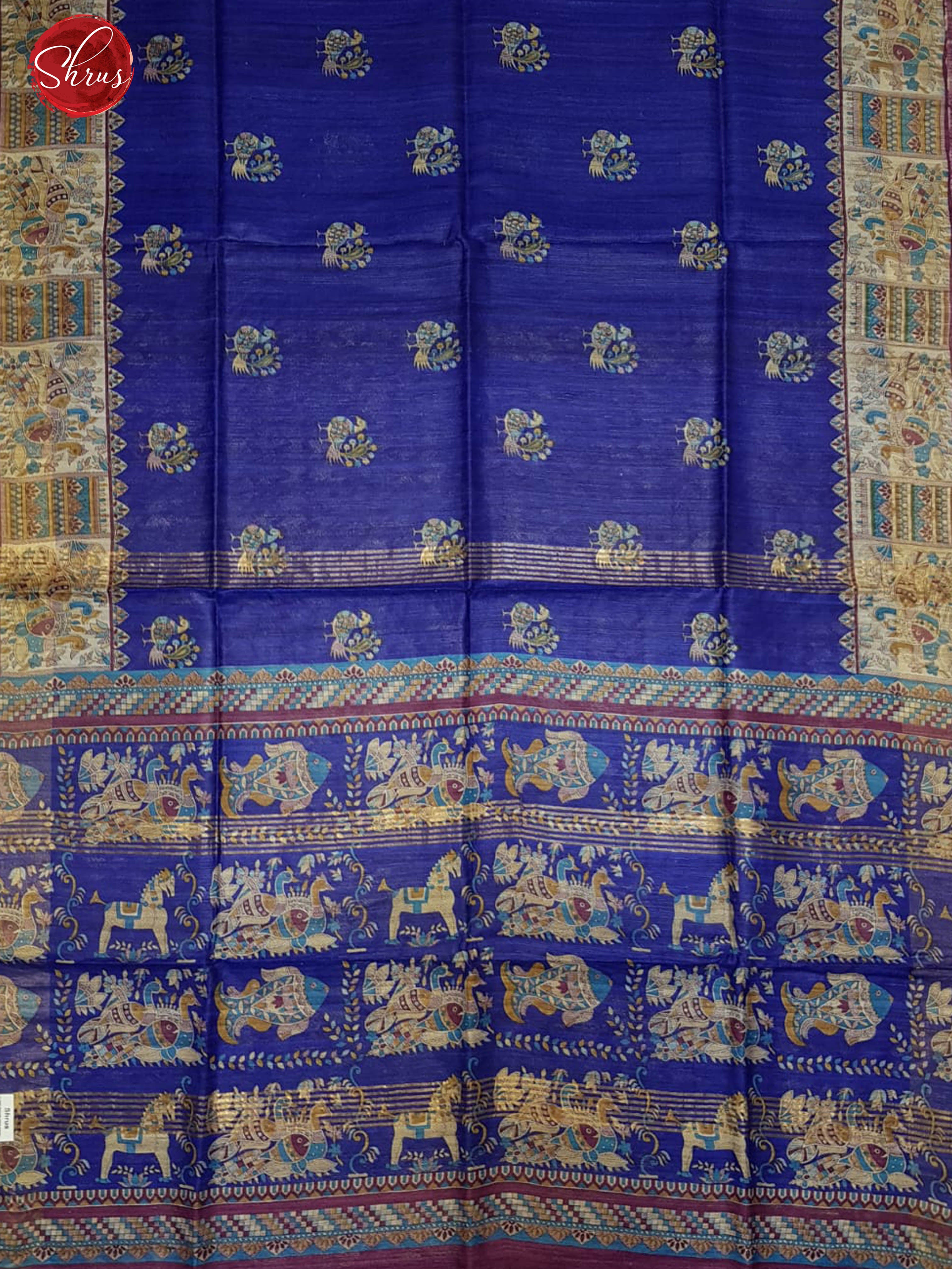 Blue & Cream- Gicha Tussar with Peacock print & Mandhubani paint border - Shop on ShrusEternity.com