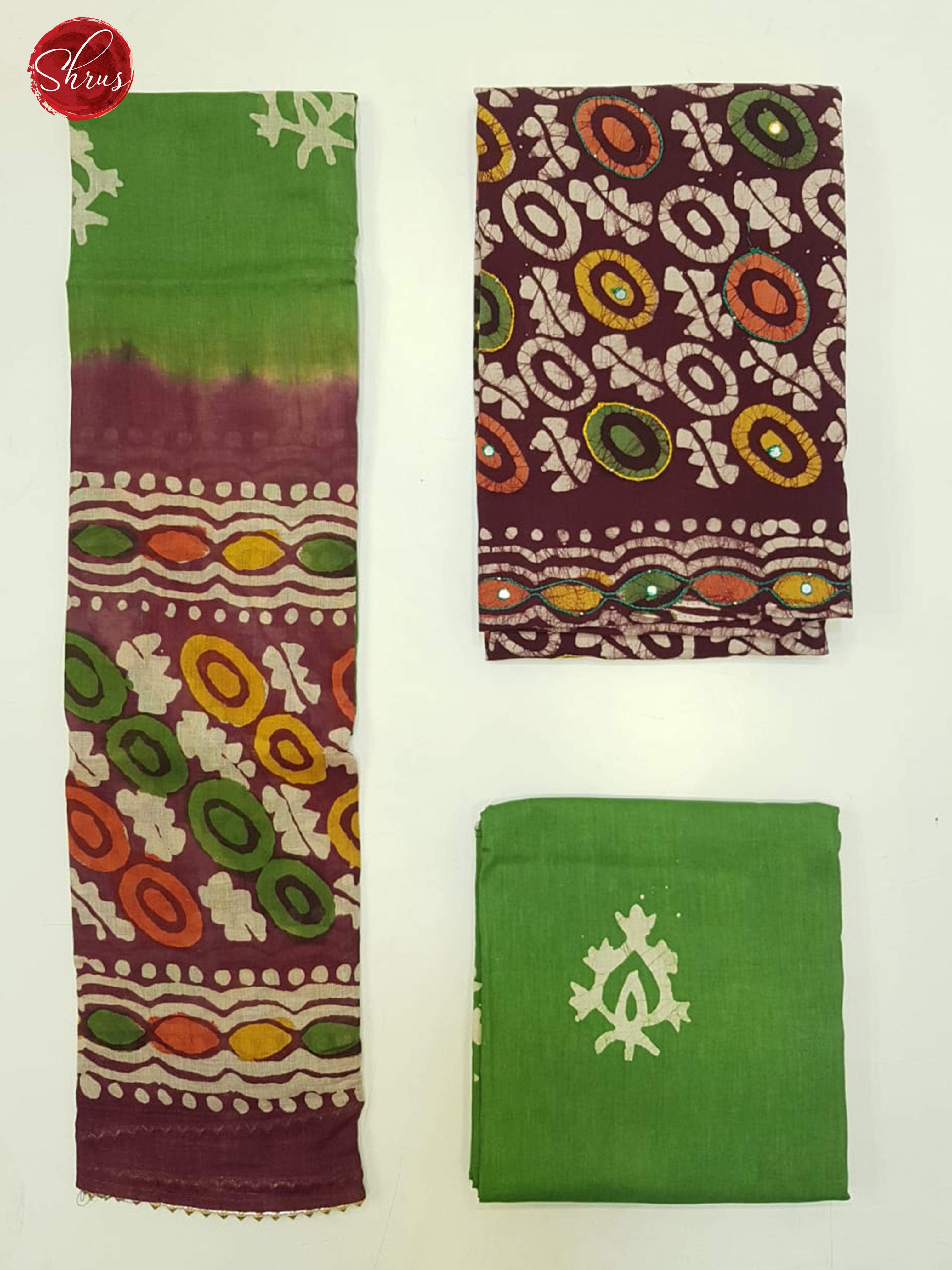 Maroon & Green - Bhatik Suit with floral print , mirror embroidery on the top(In all suits the left part is the Dupatta , Top right pic is top and Bottom Right is the bottom) - Shop on ShrusEternity.com