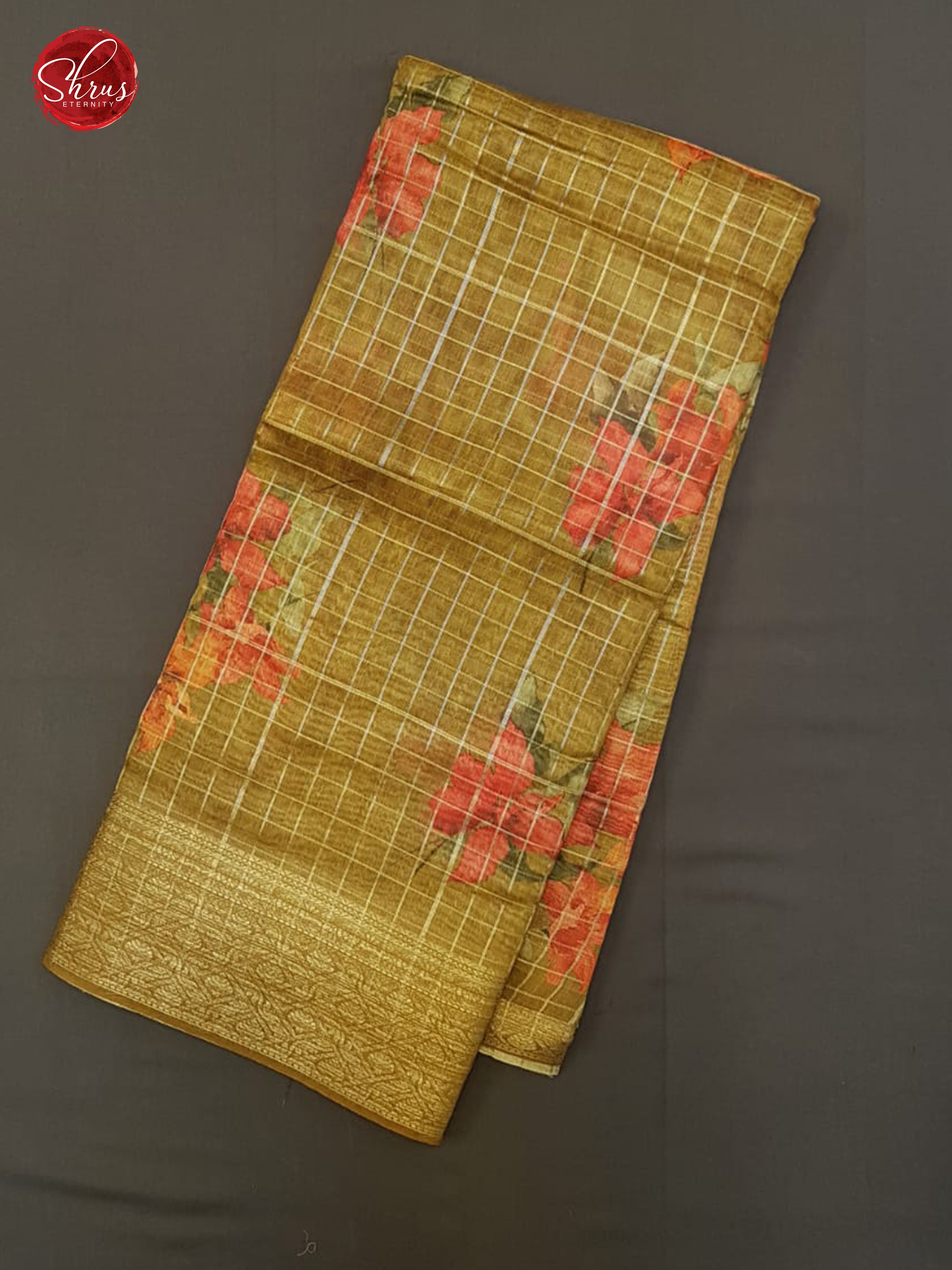 Mustard(Single Tone)- Semi Chanderi with floral print, zari checks on the body & Gold zari Border - Shop on ShrusEternity.com