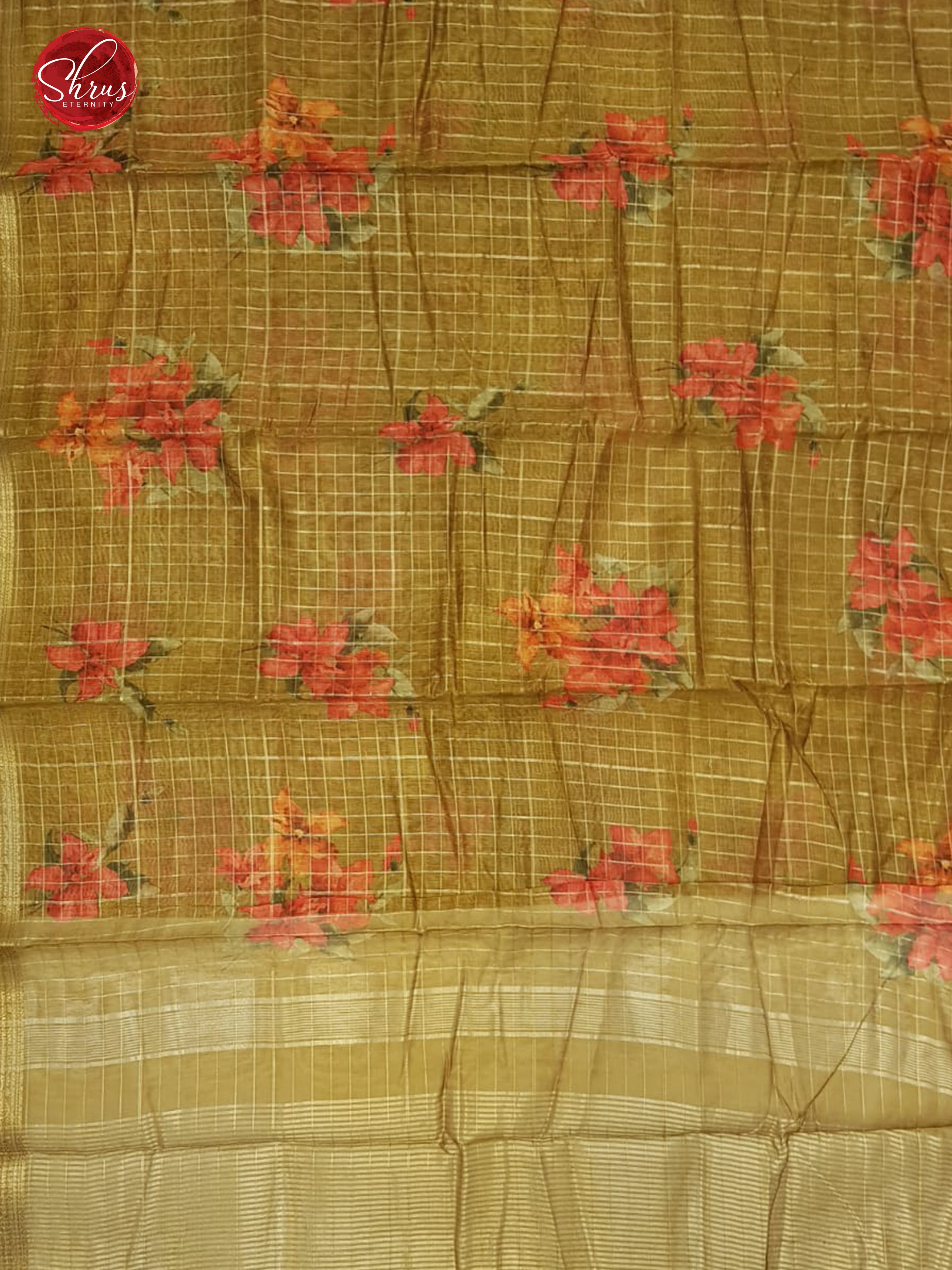 Mustard(Single Tone)- Semi Chanderi with floral print, zari checks on the body & Gold zari Border - Shop on ShrusEternity.com