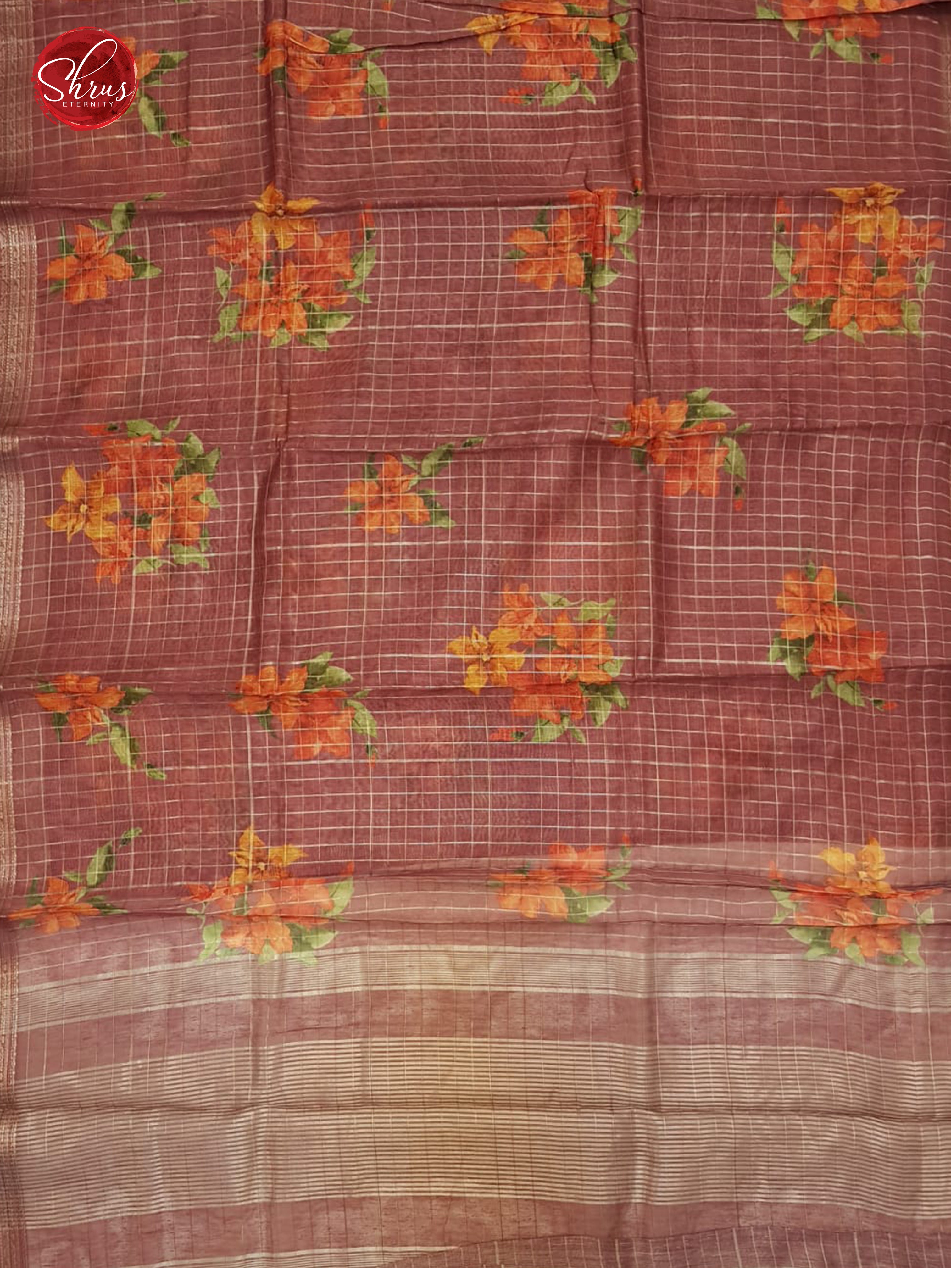 Maroon(Single tone)- Semi Chanderi with floral print , zari checks on the body & Gold zari Border - Shop on ShrusEternity.com