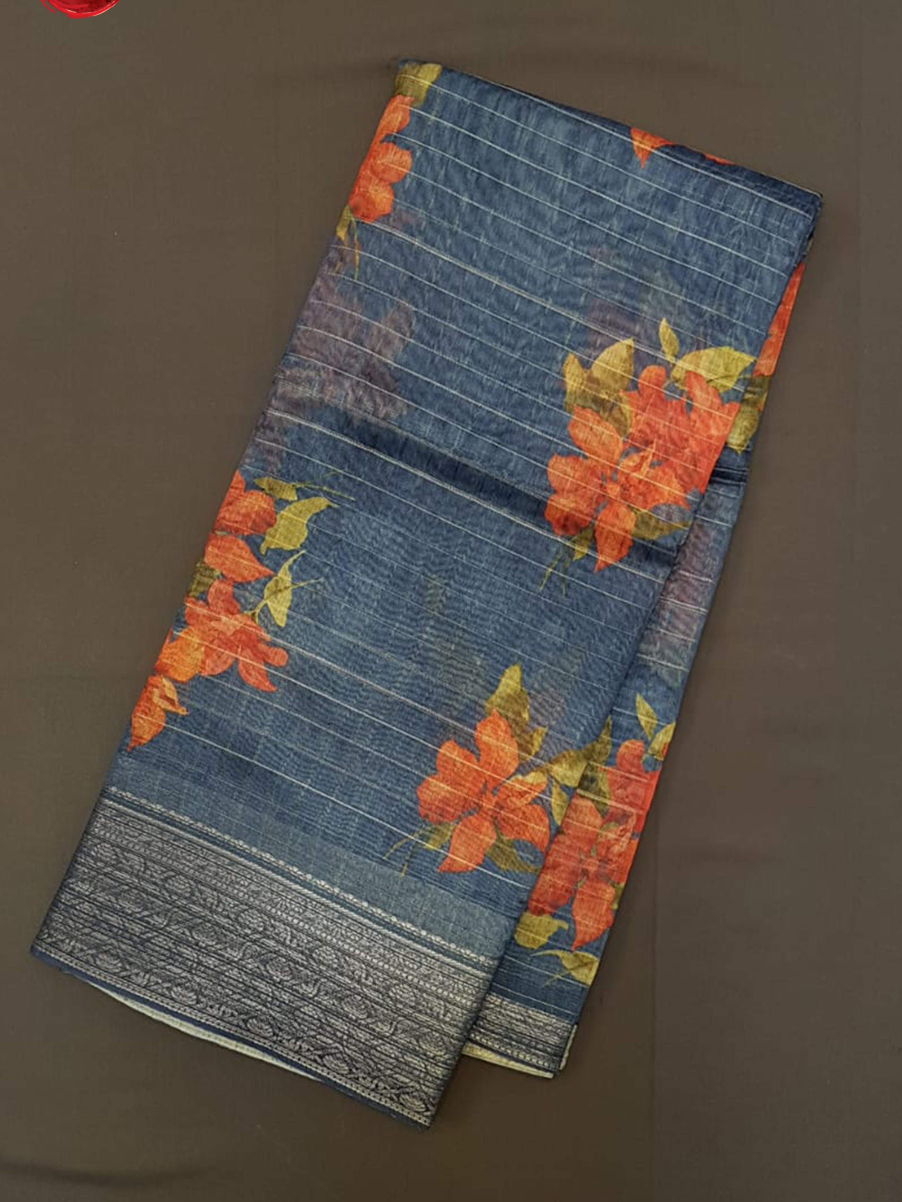 Blue(Single tone) -Semi Chanderi with floral print, zari checks on the body & Gold zari Border - Shop on ShrusEternity.com