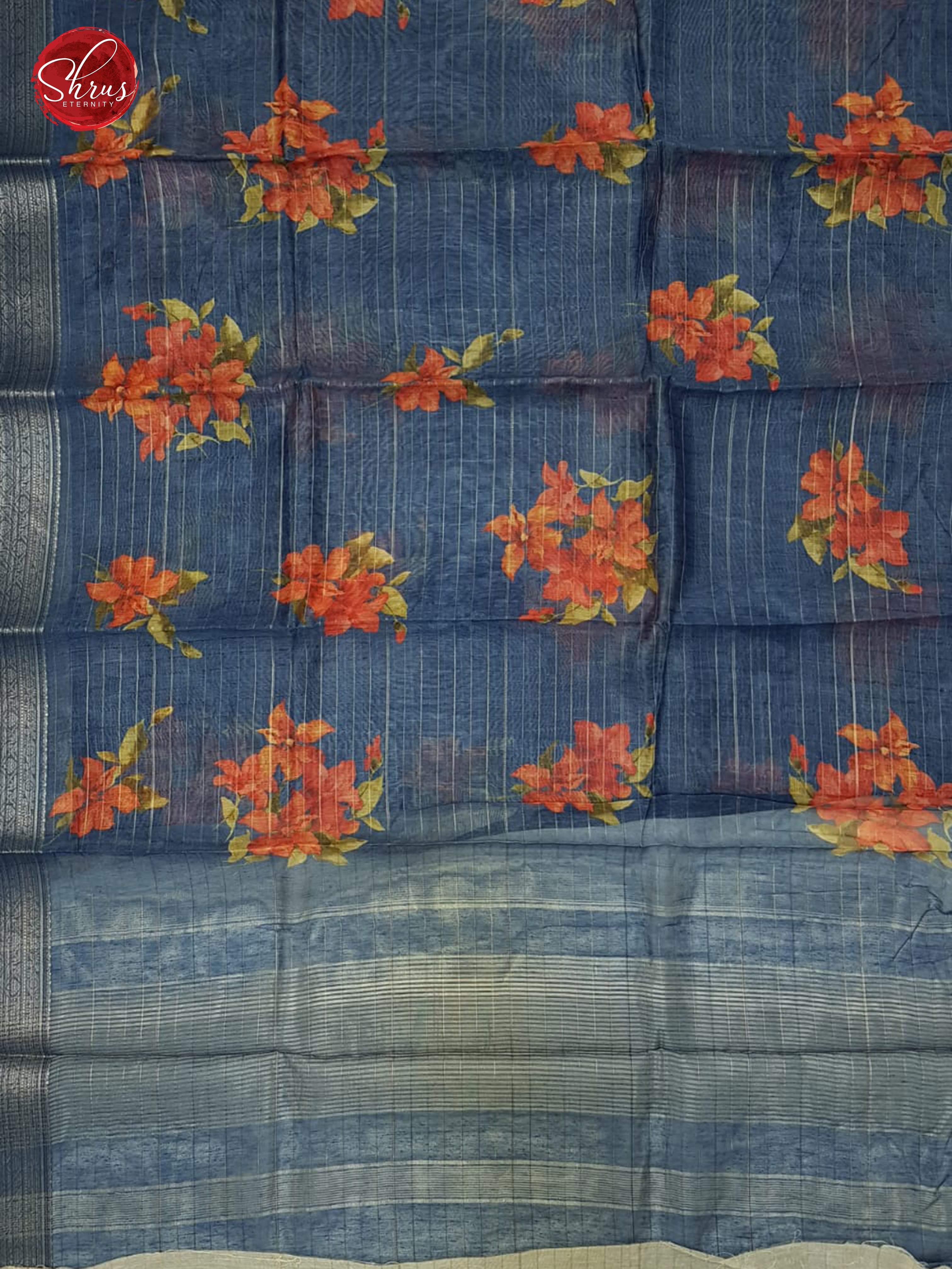 Blue(Single tone) -Semi Chanderi with floral print, zari checks on the body & Gold zari Border - Shop on ShrusEternity.com