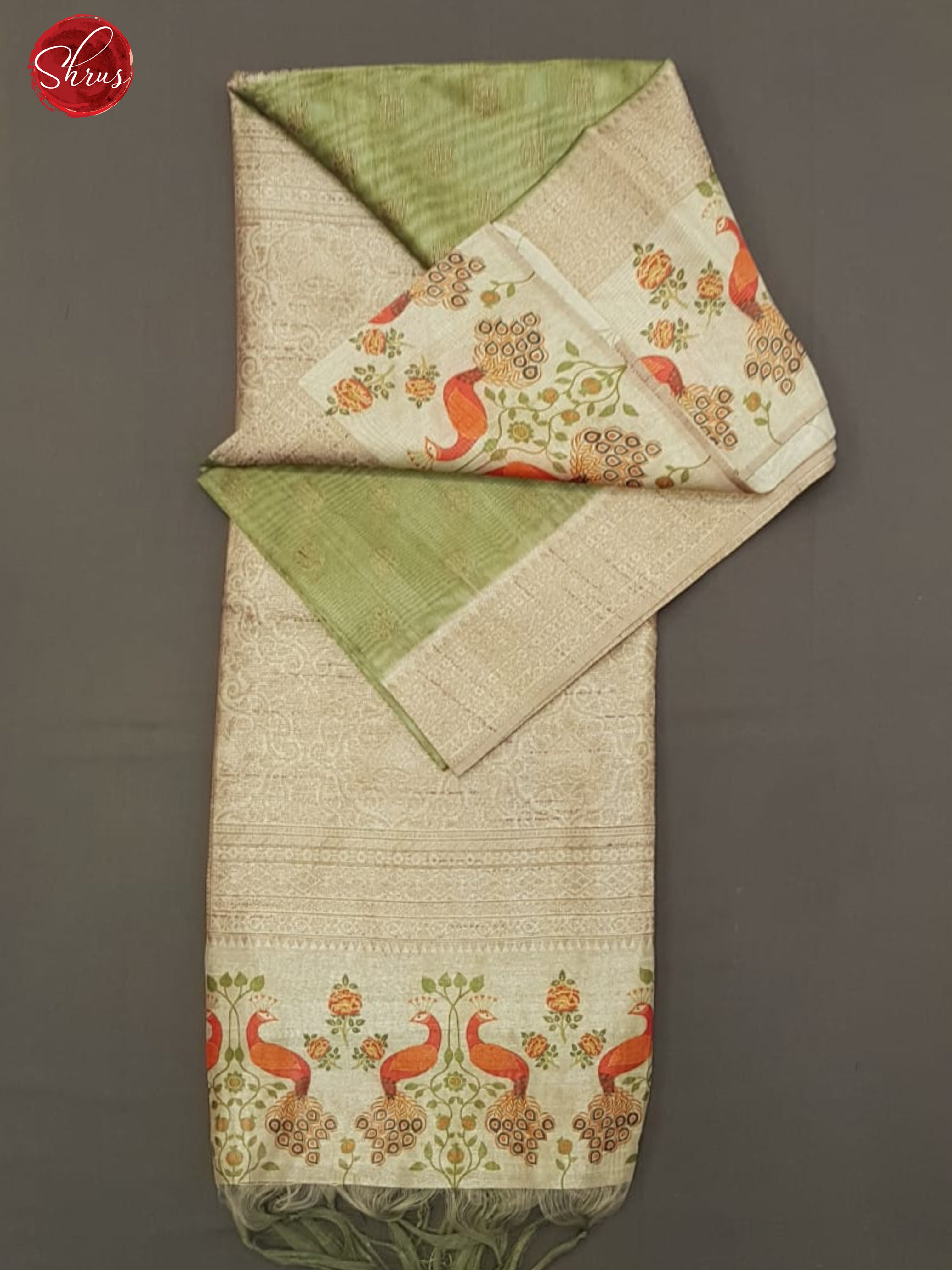 Green & Beige - Semi Tussar with zari buttas on the body & contrast zari border - Shop on ShrusEternity.com