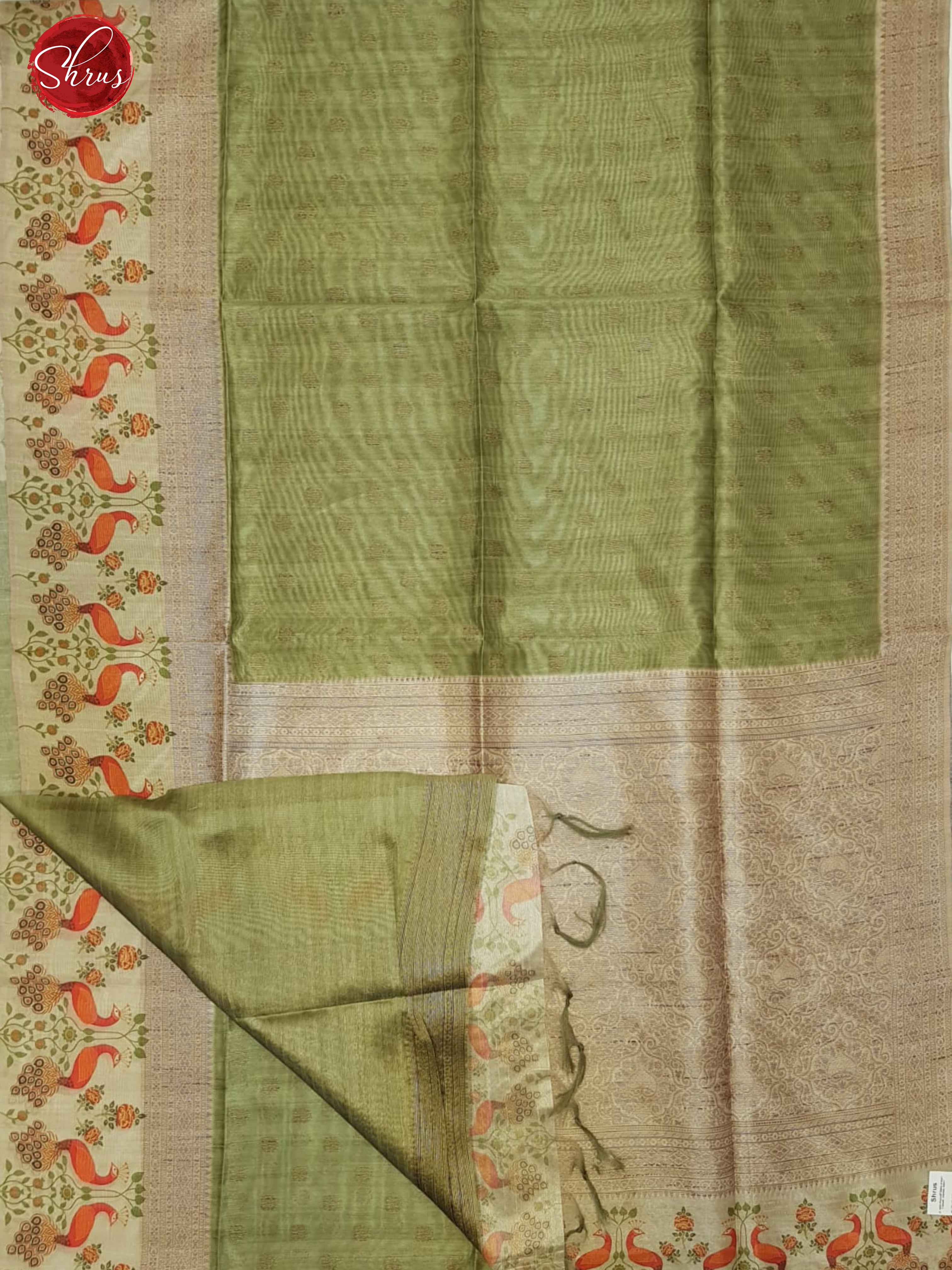 Green & Beige - Semi Tussar with zari buttas on the body & contrast zari border - Shop on ShrusEternity.com