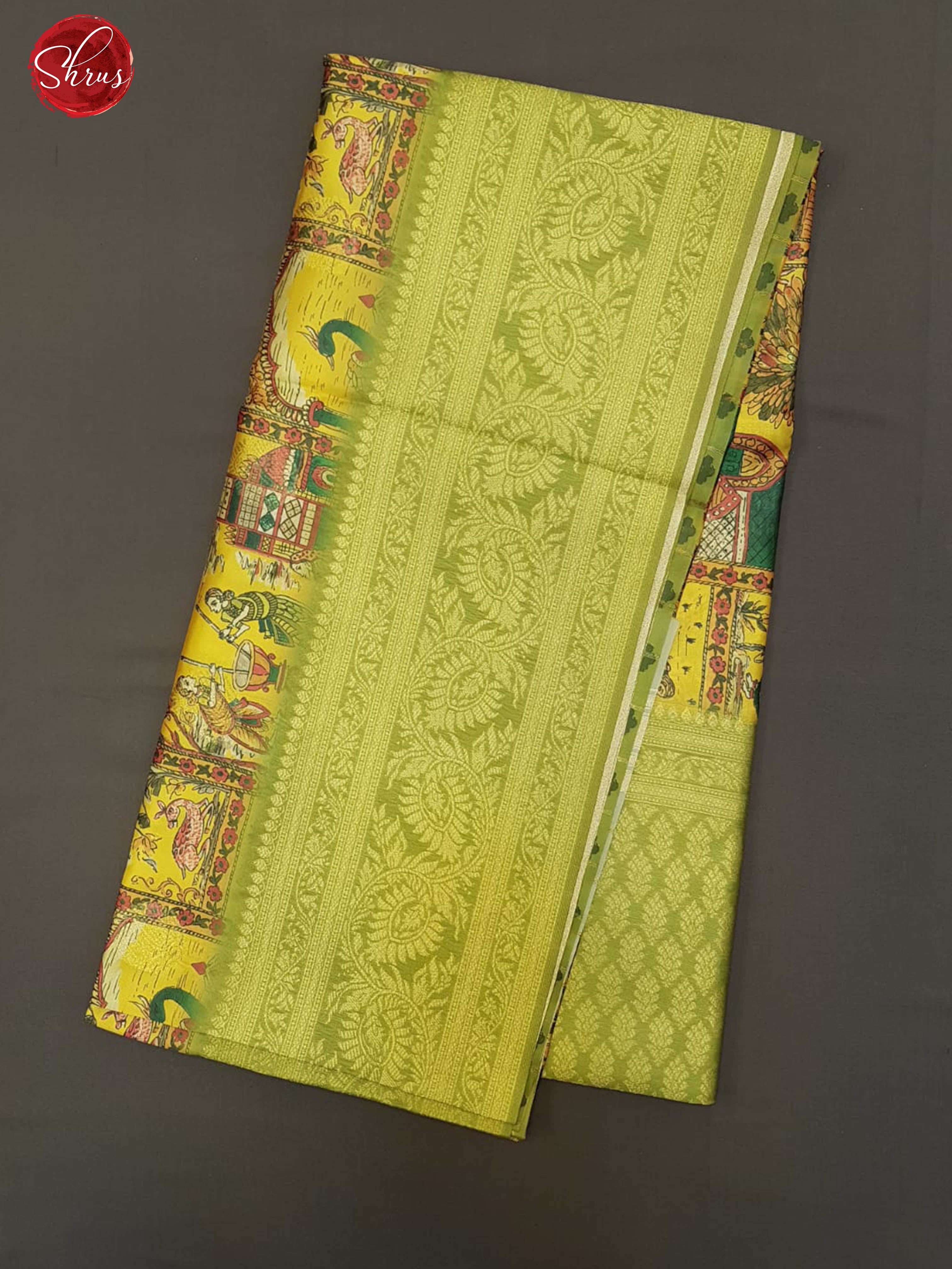 Yellow & Green - Semi Dupion with printed Body & Contrast Zari Border - Shop on ShrusEternity.com